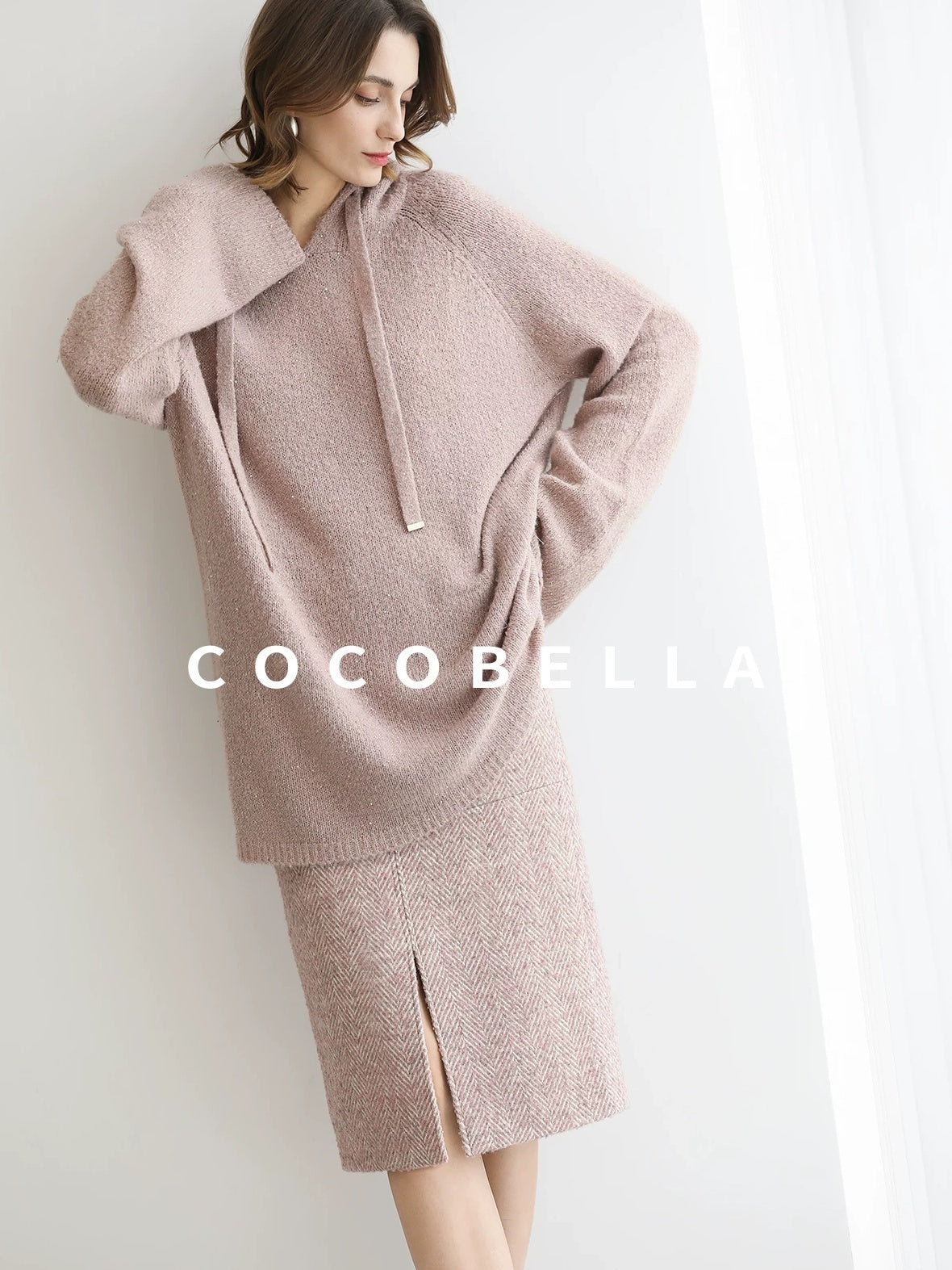 COCOBELLA Soft Sequin Shimmer Casual Loose Knit Hooded Women Honey Pink Pullover Sweater