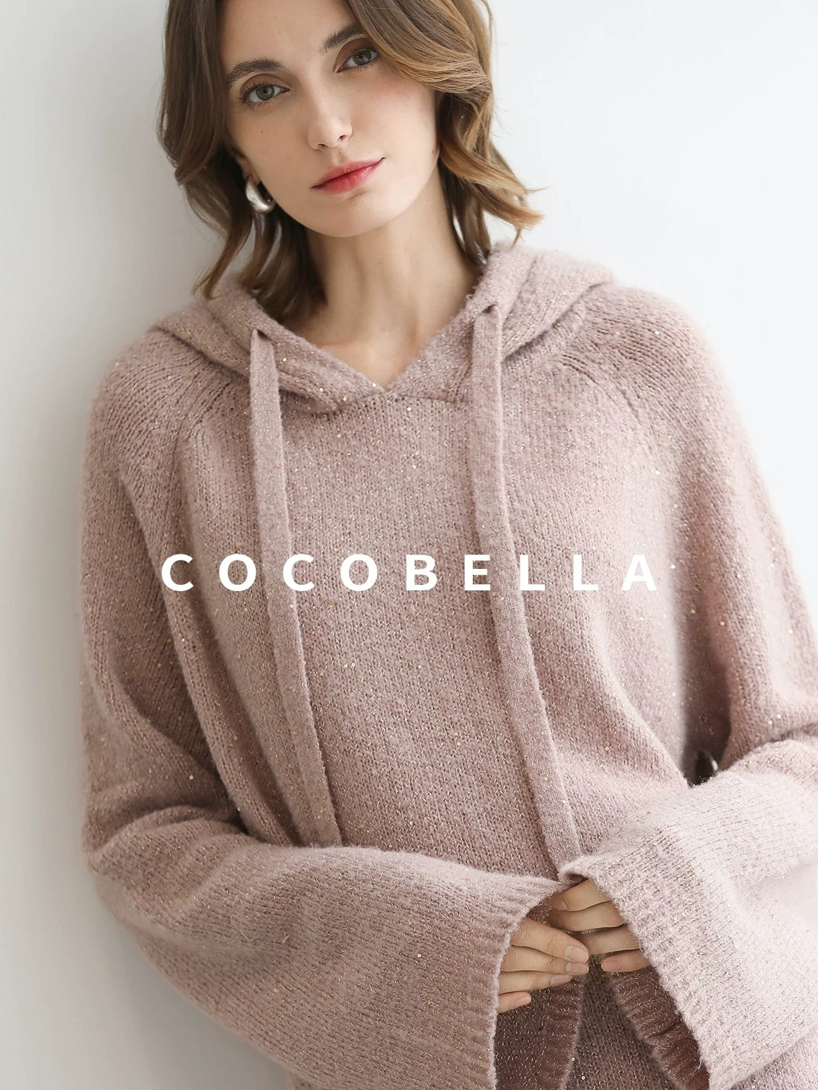 COCOBELLA Soft Sequin Shimmer Casual Loose Knit Hooded Women Honey Pink Pullover Sweater