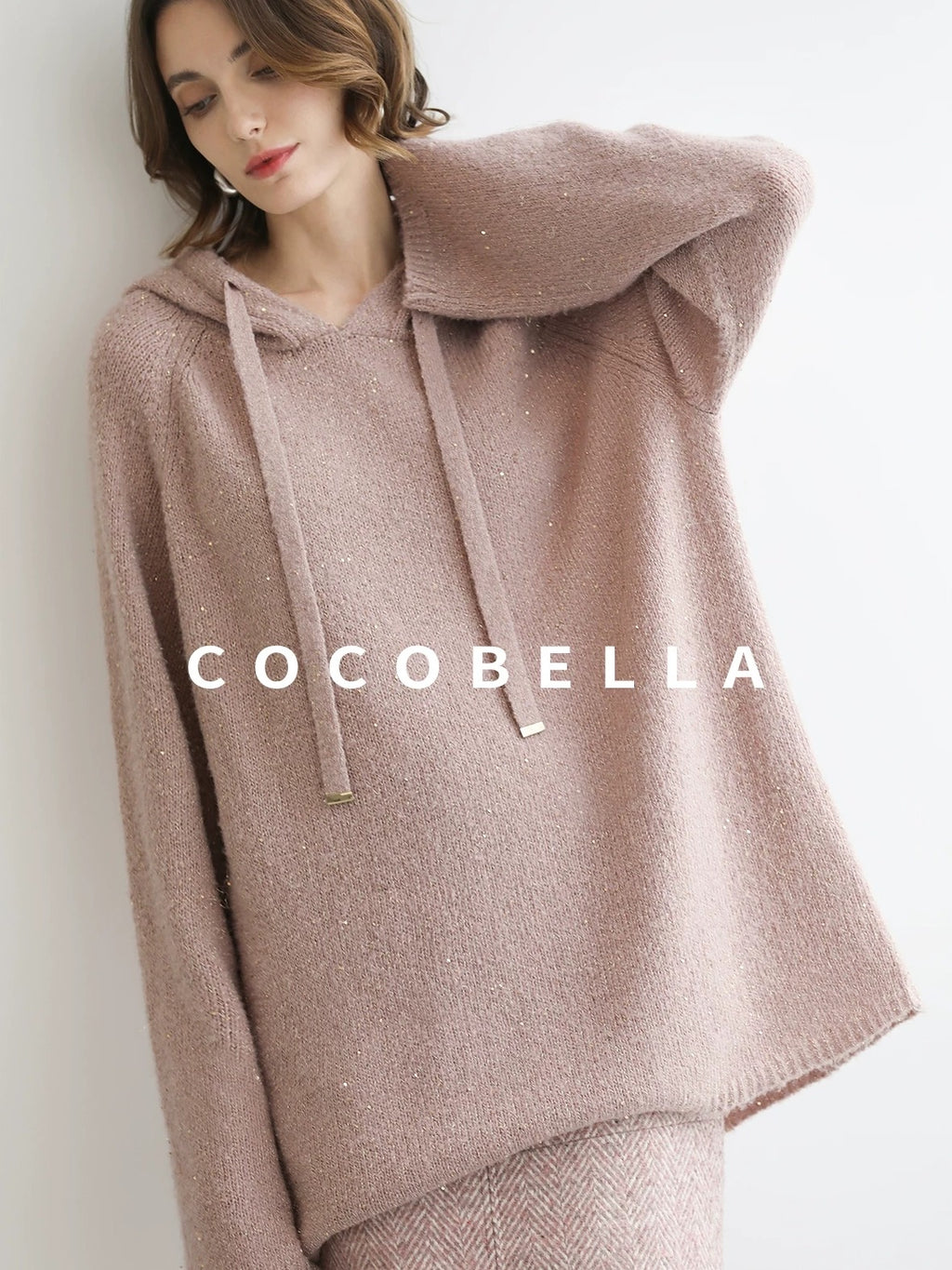 COCOBELLA Soft Sequin Shimmer Casual Loose Knit Hooded Women Honey Pink Pullover Sweater