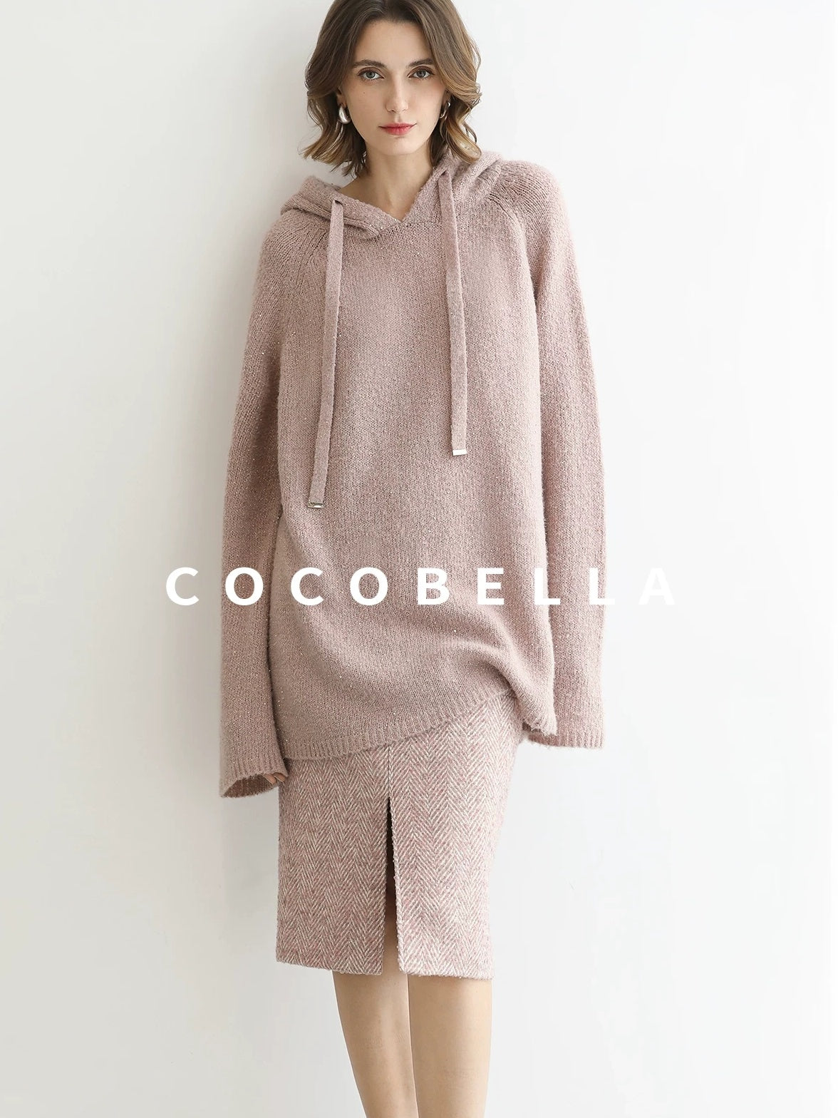 COCOBELLA Soft Sequin Shimmer Casual Loose Knit Hooded Women Honey Pink Pullover Sweater