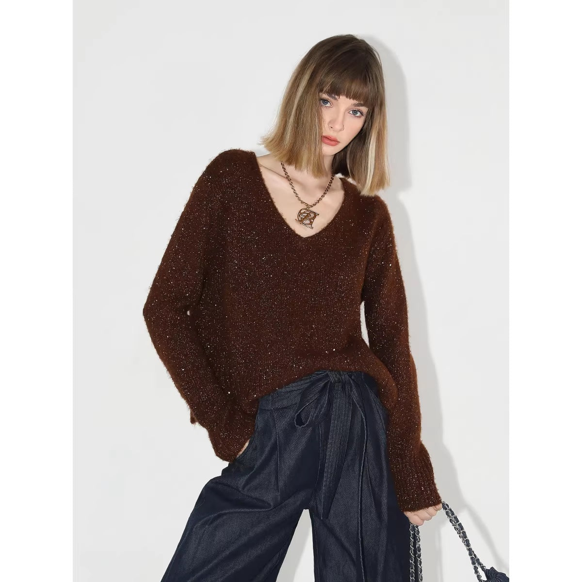 COCOBELLA_Soft_Sequined_Caramel_V_Neck_Commuter_Classic_Fit_Knit_Pullover_Sweater_MISSTT