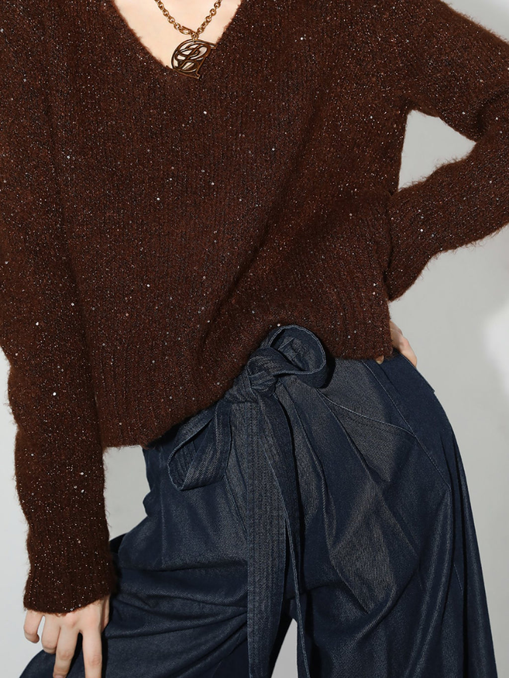 COCOBELLA Soft Sequined Caramel V Neck Commuter Classic Fit Knit Pullover Sweater