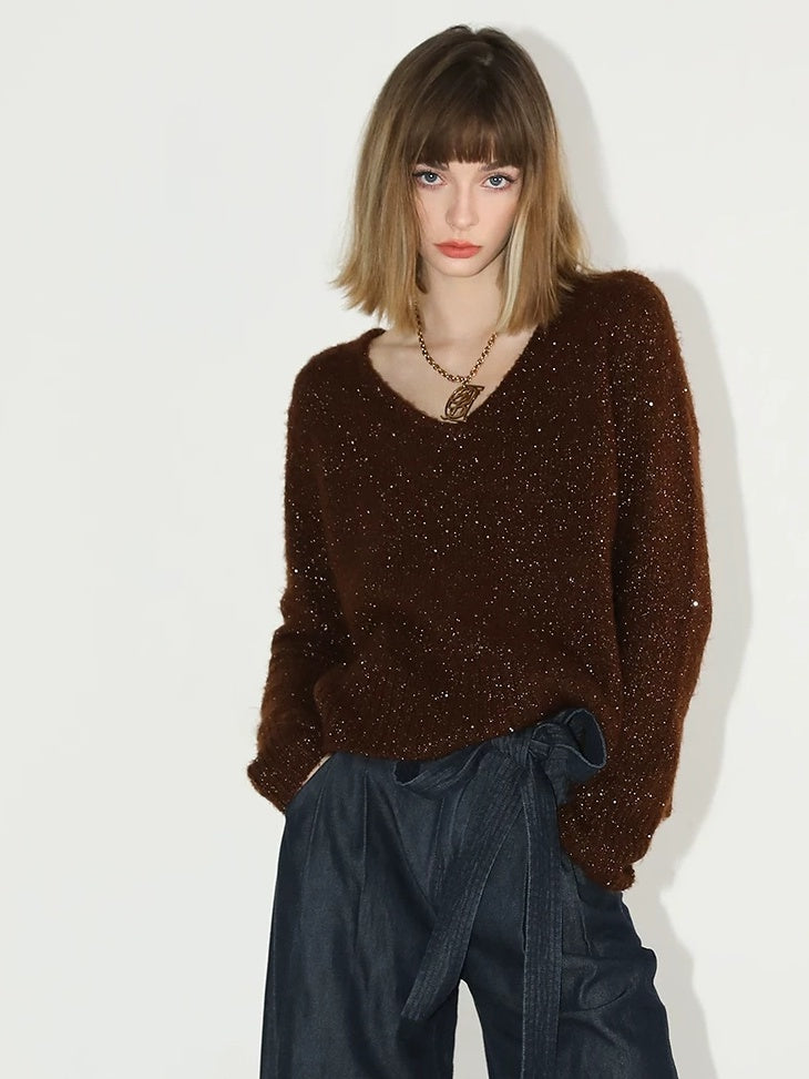 COCOBELLA Soft Sequined Caramel V Neck Commuter Classic Fit Knit Pullover Sweater