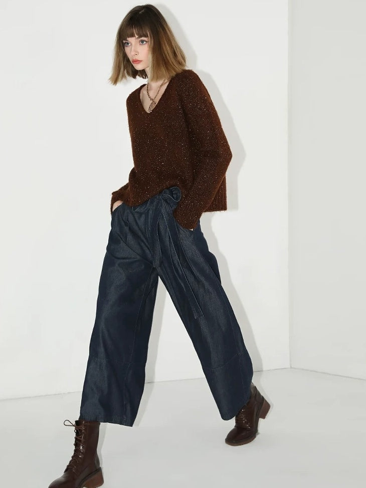 COCOBELLA Soft Sequined Caramel V Neck Commuter Classic Fit Knit Pullover Sweater