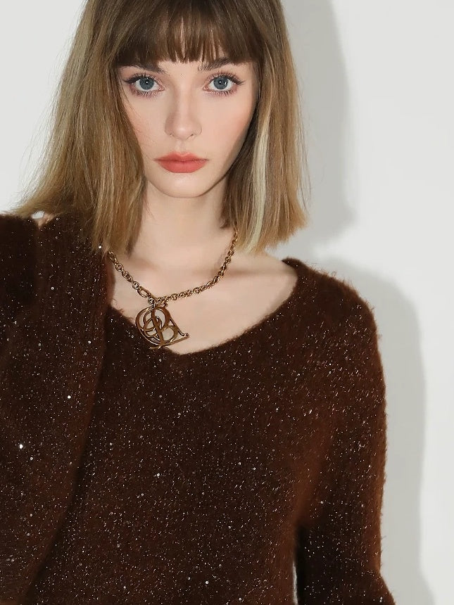 COCOBELLA Soft Sequined Caramel V Neck Commuter Classic Fit Knit Pullover Sweater