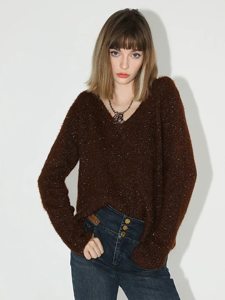 COCOBELLA Soft Sequined Caramel V Neck Commuter Classic Fit Knit Pullover Sweater