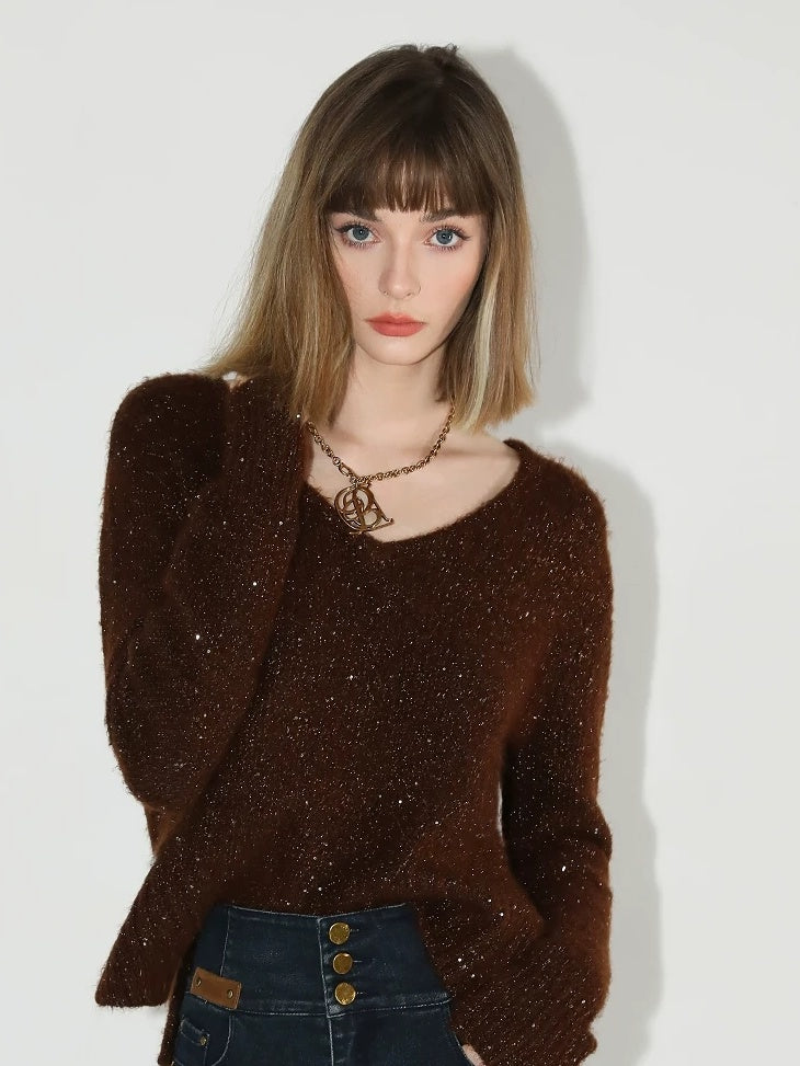 COCOBELLA Soft Sequined Caramel V Neck Commuter Classic Fit Knit Pullover Sweater