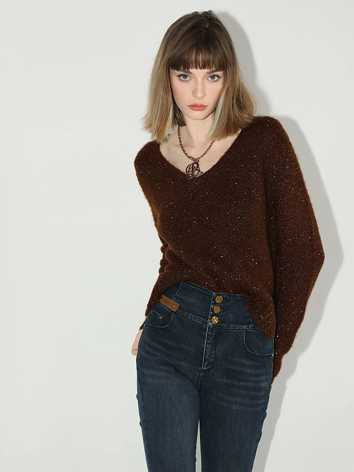 COCOBELLA Soft Sequined Caramel V Neck Commuter Classic Fit Knit Pullover Sweater