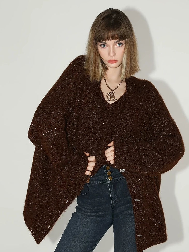 COCOBELLA Soft Sequined Caramel V Neck Commuter Classic Fit Knit Pullover Sweater