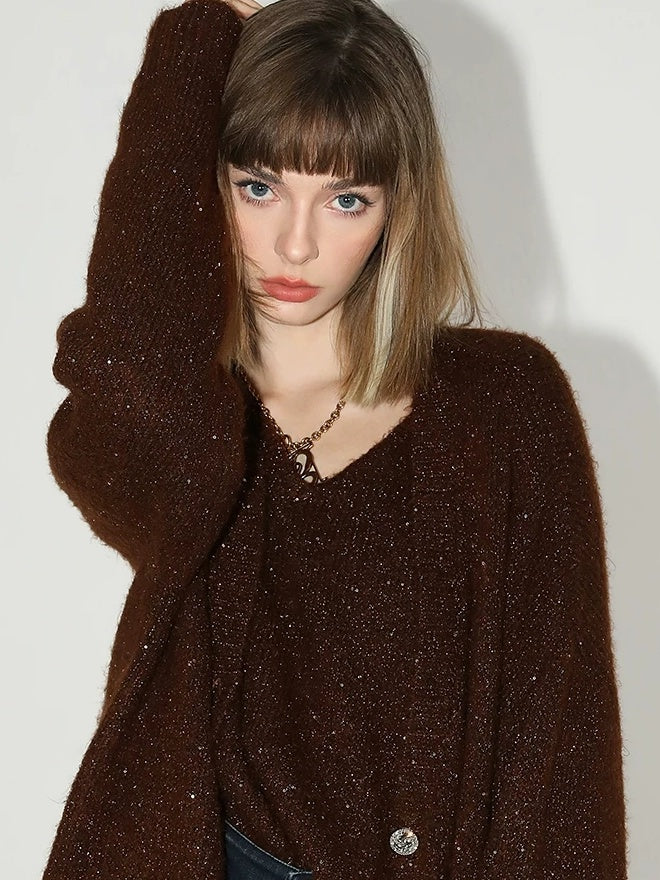 COCOBELLA Soft Sequined Caramel V Neck Commuter Classic Fit Knit Pullover Sweater