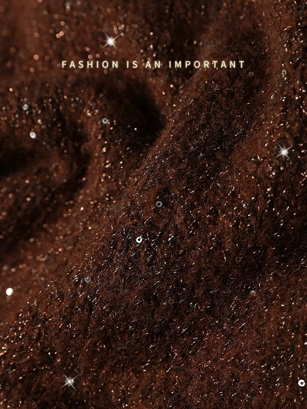 COCOBELLA Soft Sequined Caramel V Neck Commuter Classic Fit Knit Pullover Sweater