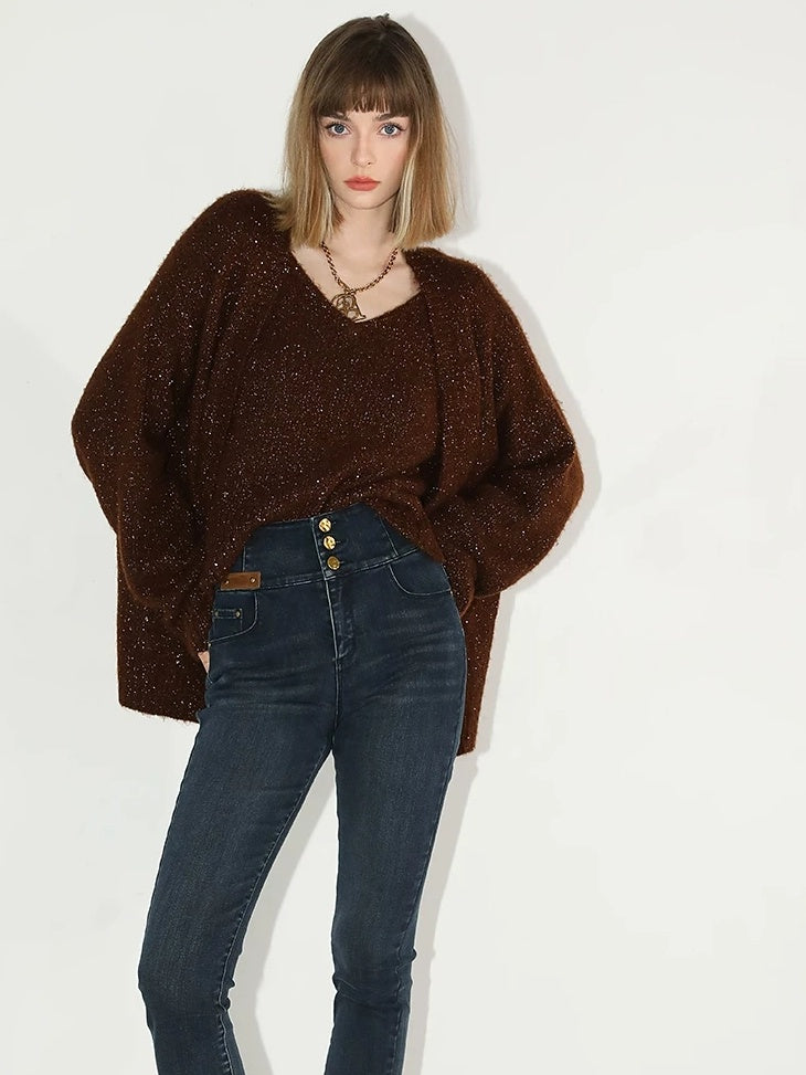 COCOBELLA Soft Sequined Caramel V Neck Commuter Classic Fit Knit Pullover Sweater