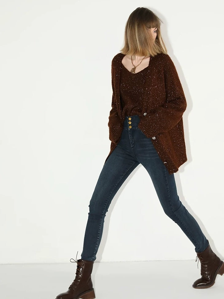 COCOBELLA Soft Sequined Caramel V Neck Commuter Classic Fit Knit Pullover Sweater