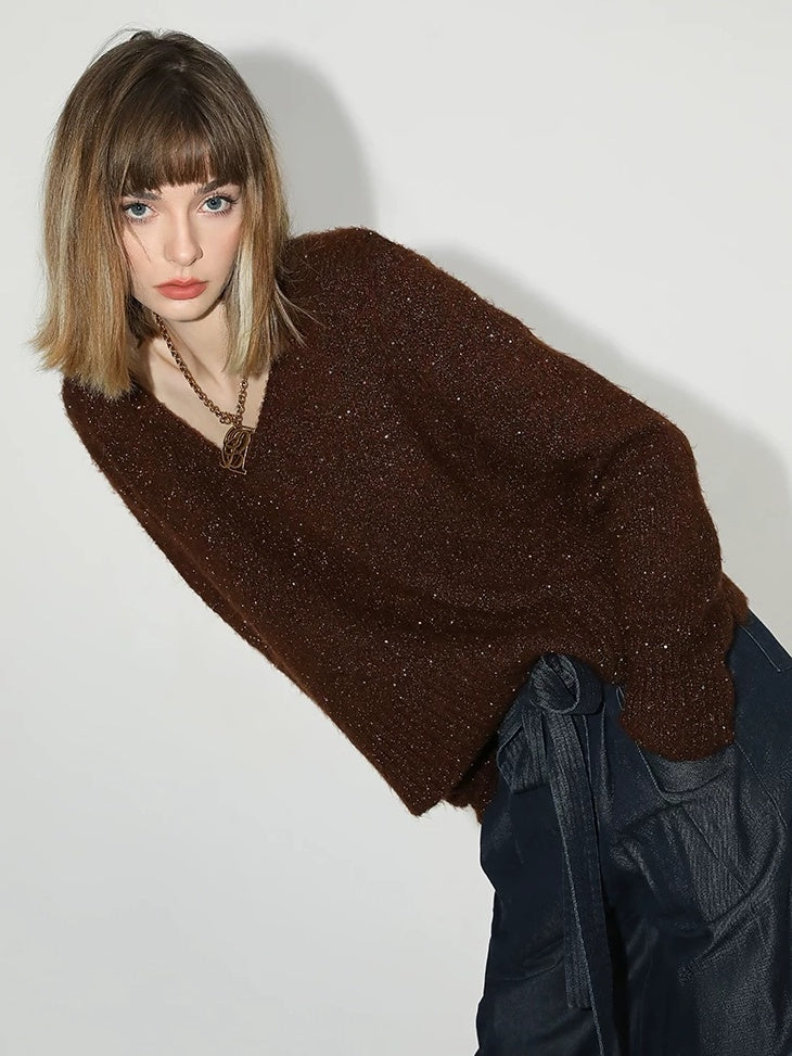 COCOBELLA Soft Sequined Caramel V Neck Commuter Classic Fit Knit Pullover Sweater