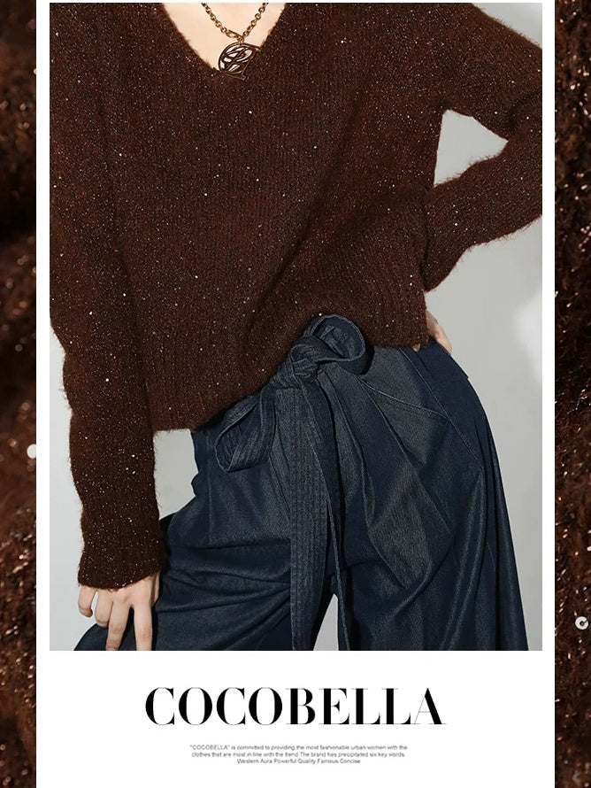 COCOBELLA Soft Sequined Caramel V Neck Commuter Classic Fit Knit Pullover Sweater