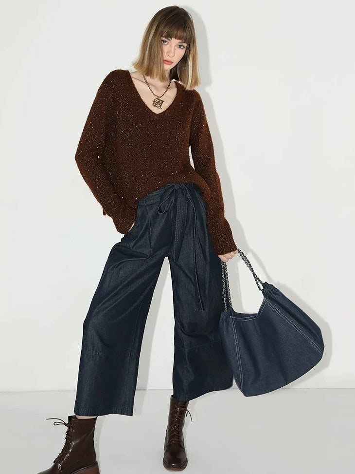 COCOBELLA Soft Sequined Caramel V Neck Commuter Classic Fit Knit Pullover Sweater