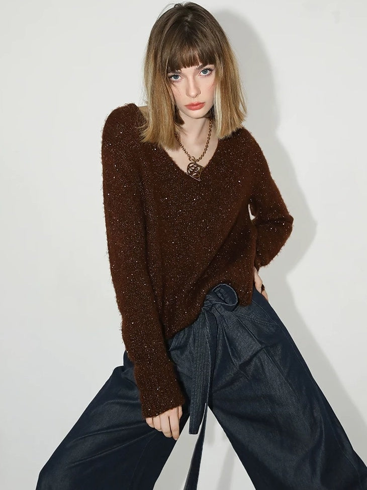 COCOBELLA Soft Sequined Caramel V Neck Commuter Classic Fit Knit Pullover Sweater