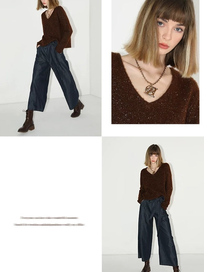 COCOBELLA Soft Sequined Caramel V Neck Commuter Classic Fit Knit Pullover Sweater