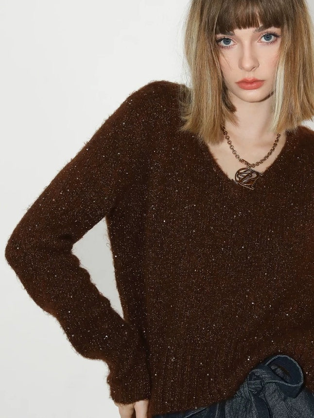 COCOBELLA Soft Sequined Caramel V Neck Commuter Classic Fit Knit Pullover Sweater