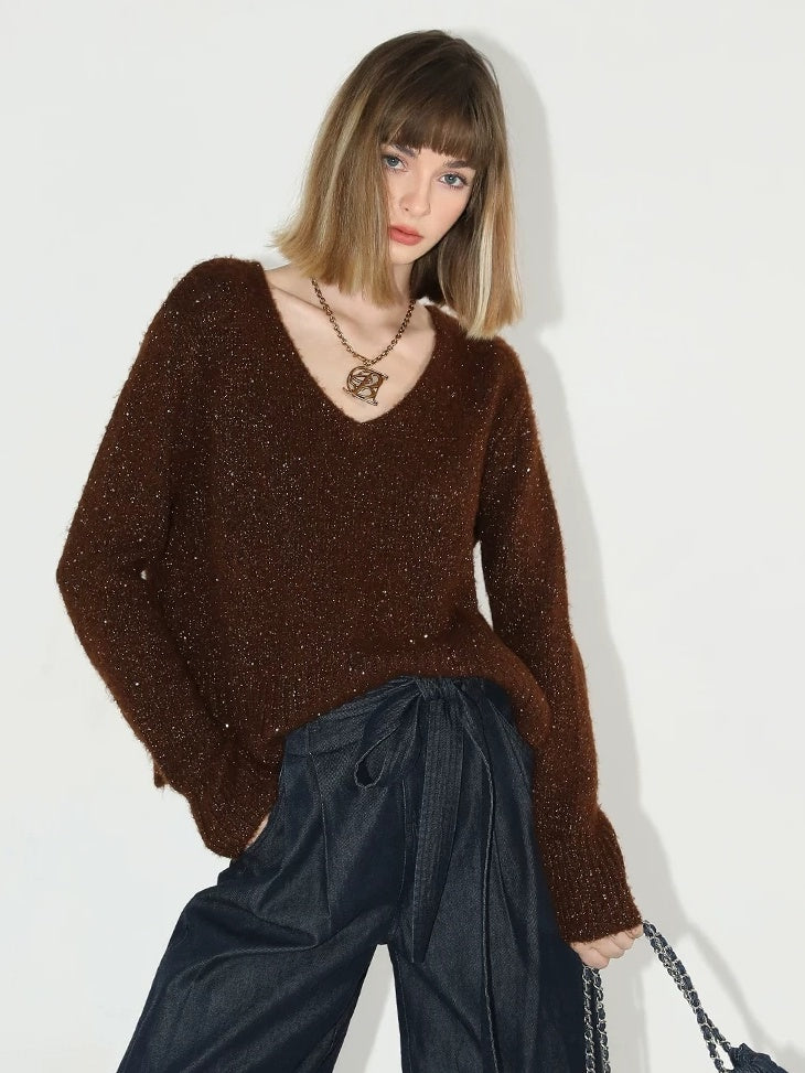 COCOBELLA Soft Sequined Caramel V Neck Commuter Classic Fit Knit Pullover Sweater
