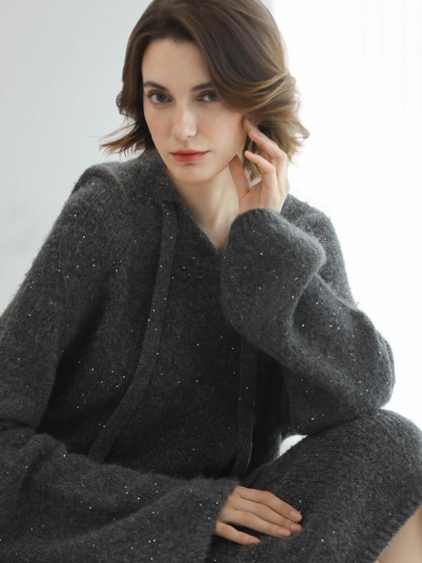 COCOBELLA Soft Sequined Lurex Hooded Pullover Commuter Knit Regular Fit Ladies Sweater