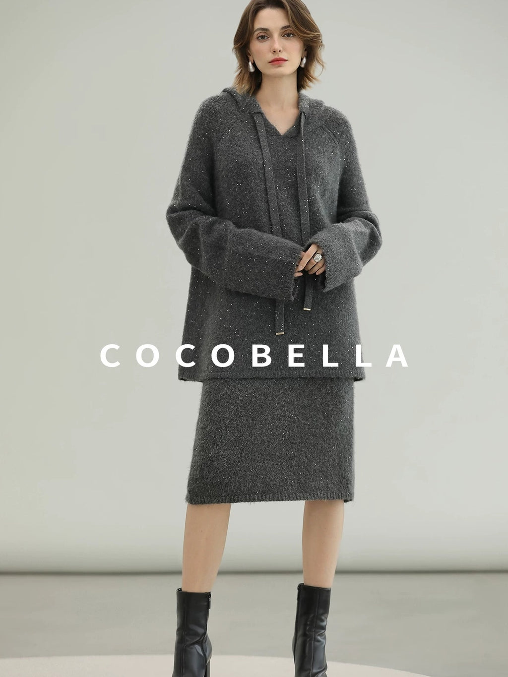 COCOBELLA Soft Sequined Lurex Hooded Pullover Commuter Knit Regular Fit Ladies Sweater
