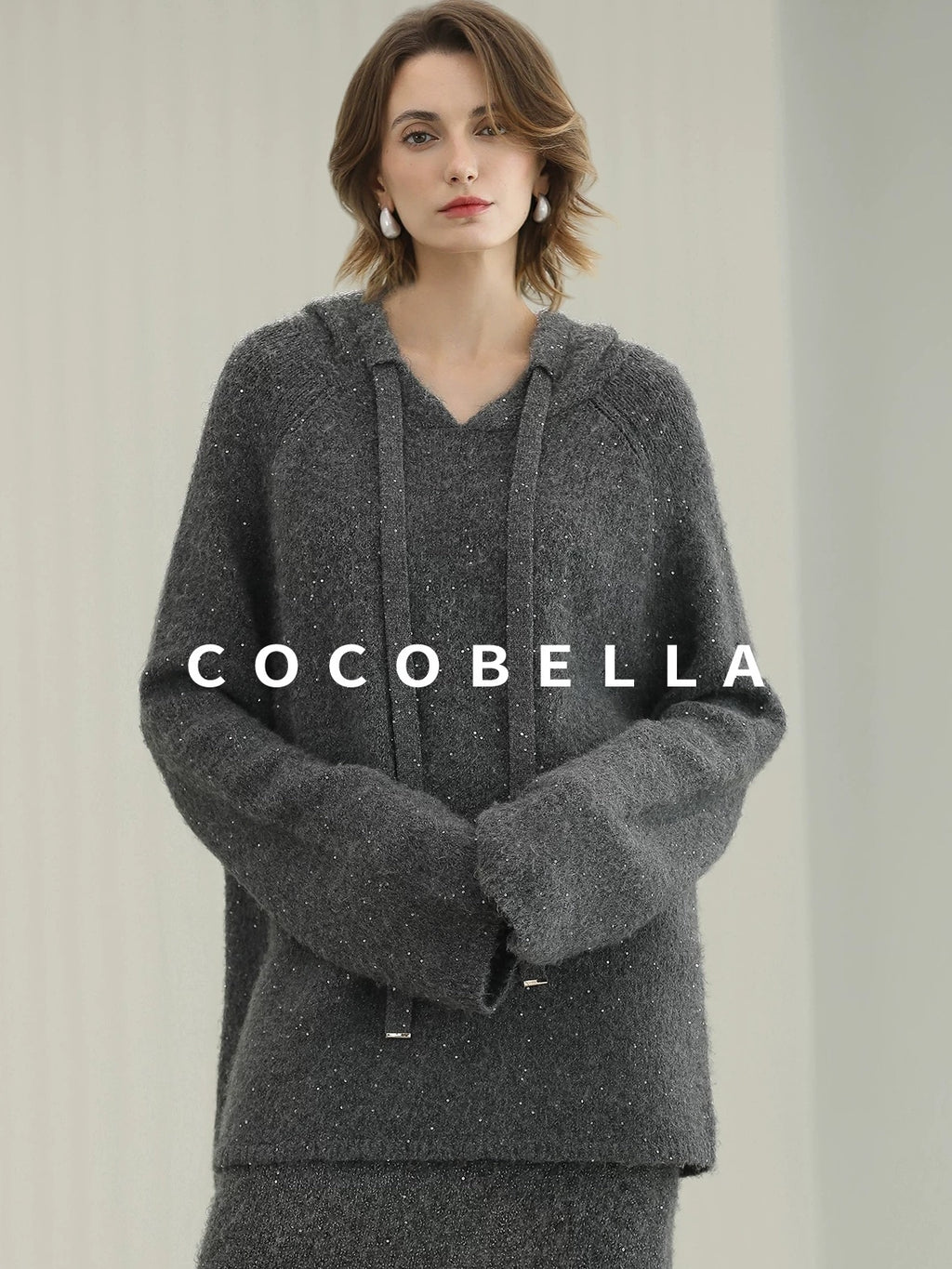 COCOBELLA Soft Sequined Lurex Hooded Pullover Commuter Knit Regular Fit Ladies Sweater