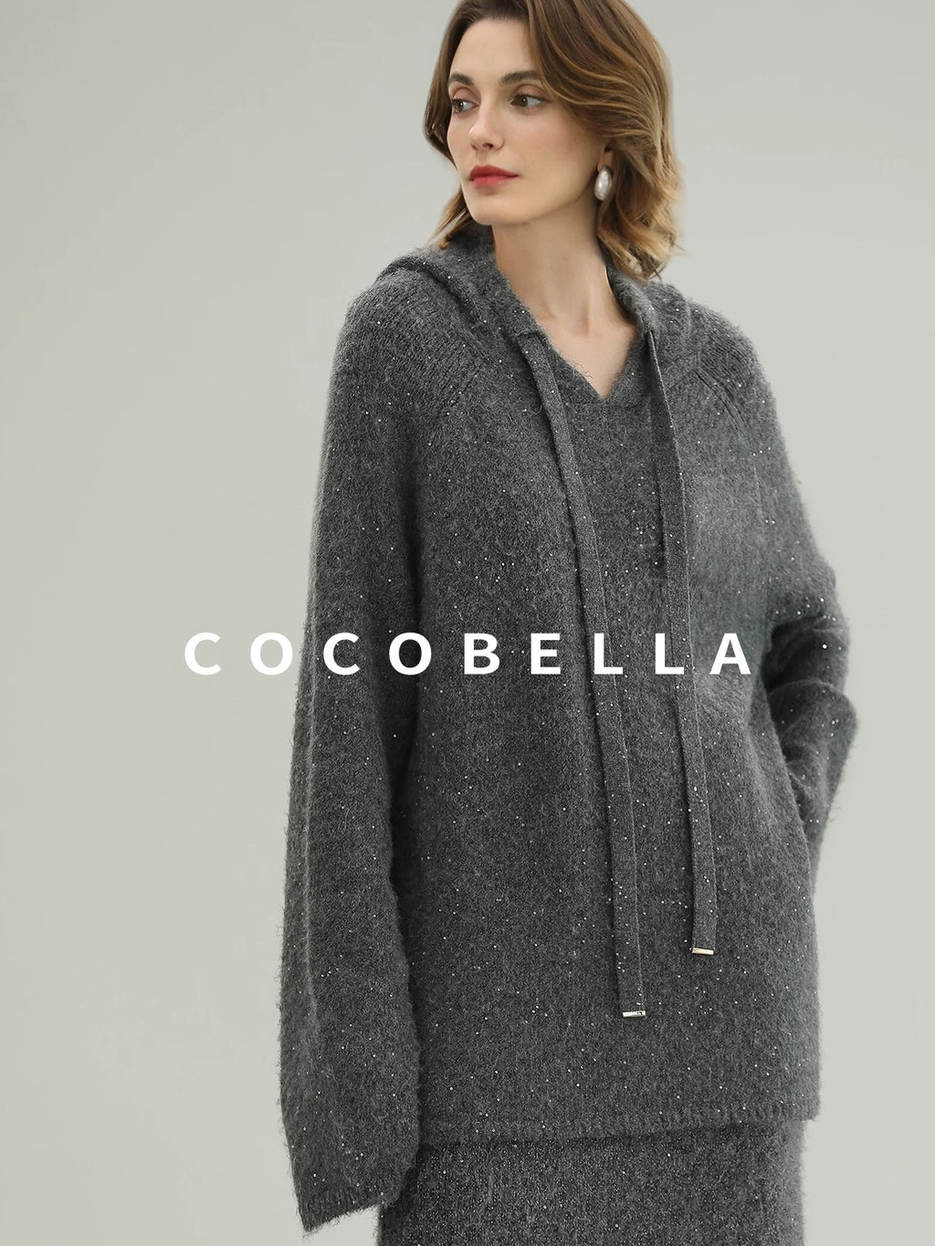COCOBELLA Soft Sequined Lurex Hooded Pullover Commuter Knit Regular Fit Ladies Sweater