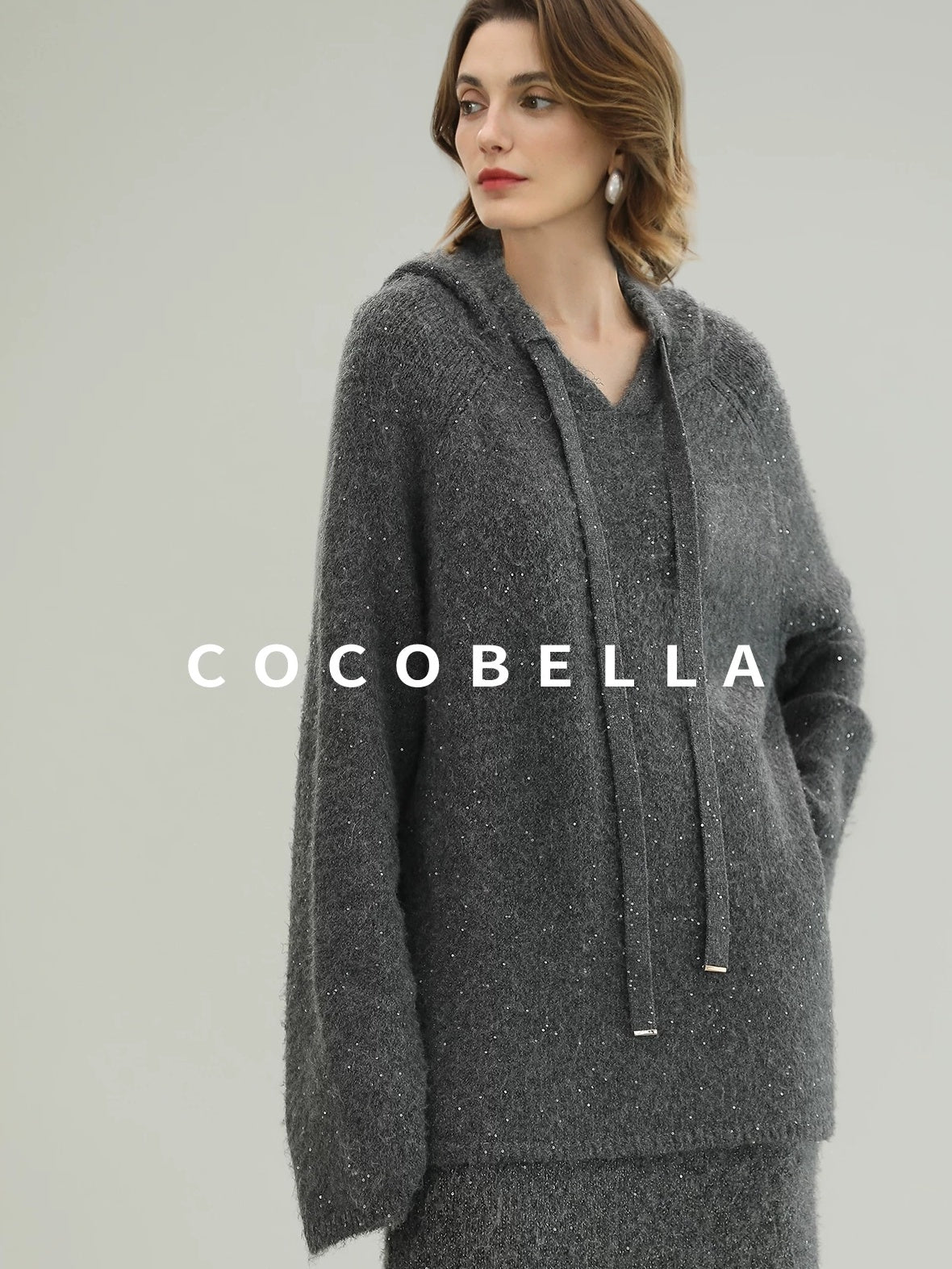 COCOBELLA Soft Sequined Lurex Hooded Pullover Commuter Knit Regular Fit Ladies Sweater