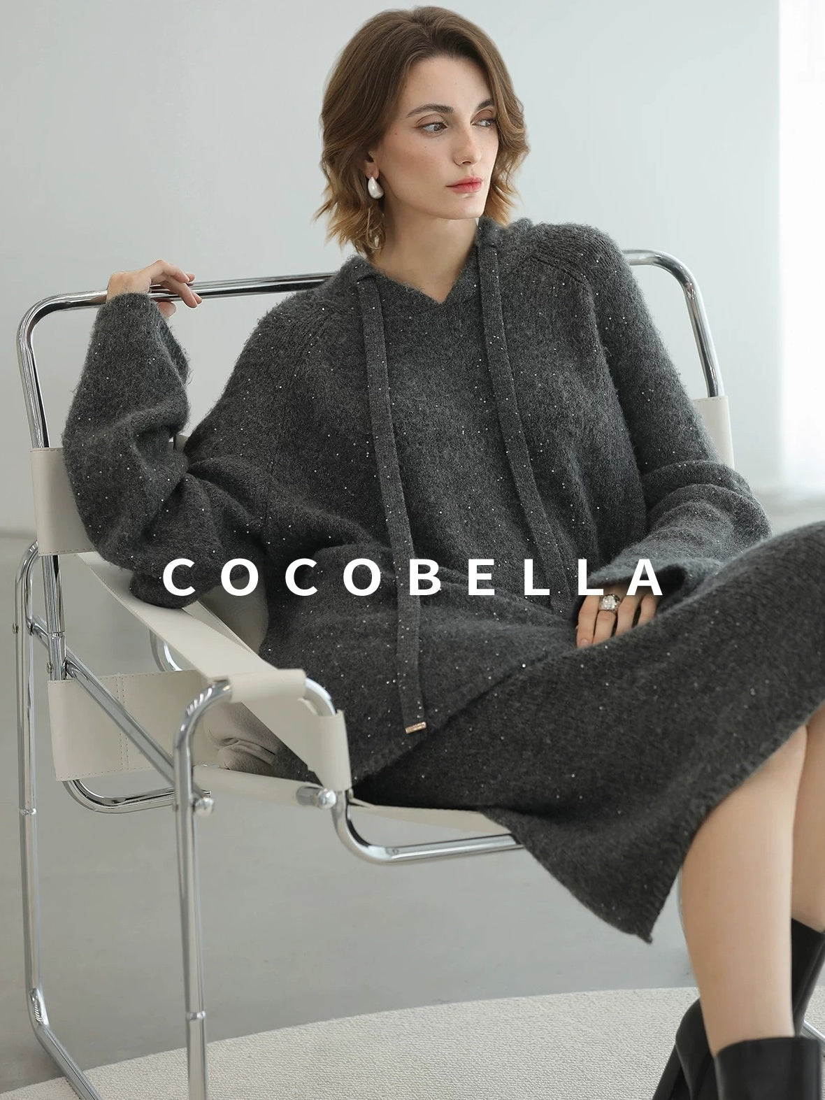 COCOBELLA Soft Sequined Lurex Hooded Pullover Commuter Knit Regular Fit Ladies Sweater