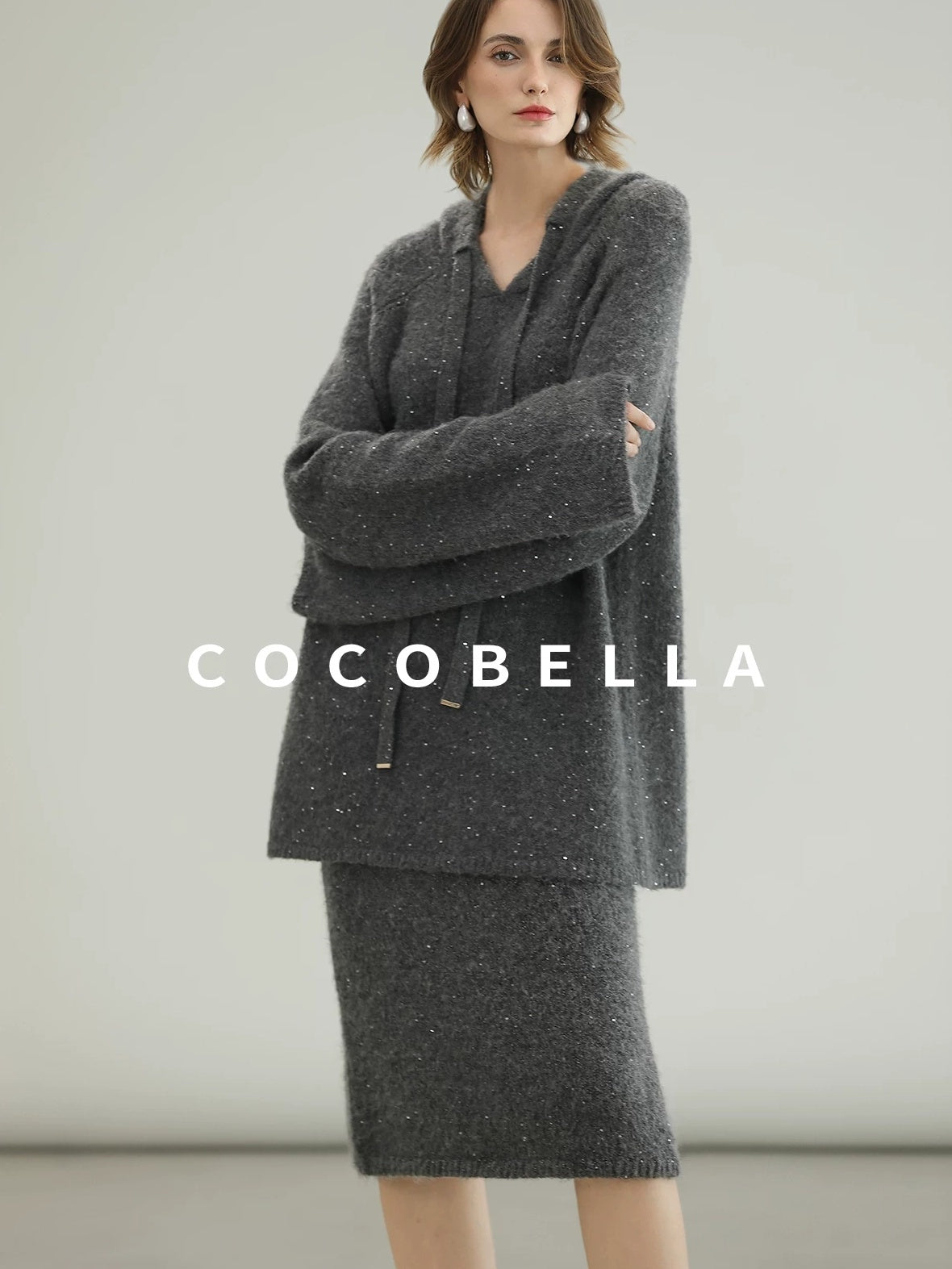 COCOBELLA Soft Sequined Lurex Hooded Pullover Commuter Knit Regular Fit Ladies Sweater