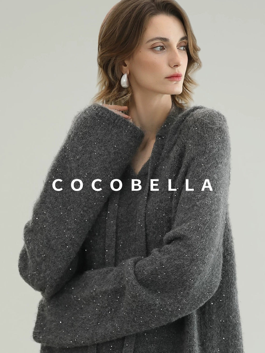 COCOBELLA Soft Sequined Lurex Hooded Pullover Commuter Knit Regular Fit Ladies Sweater