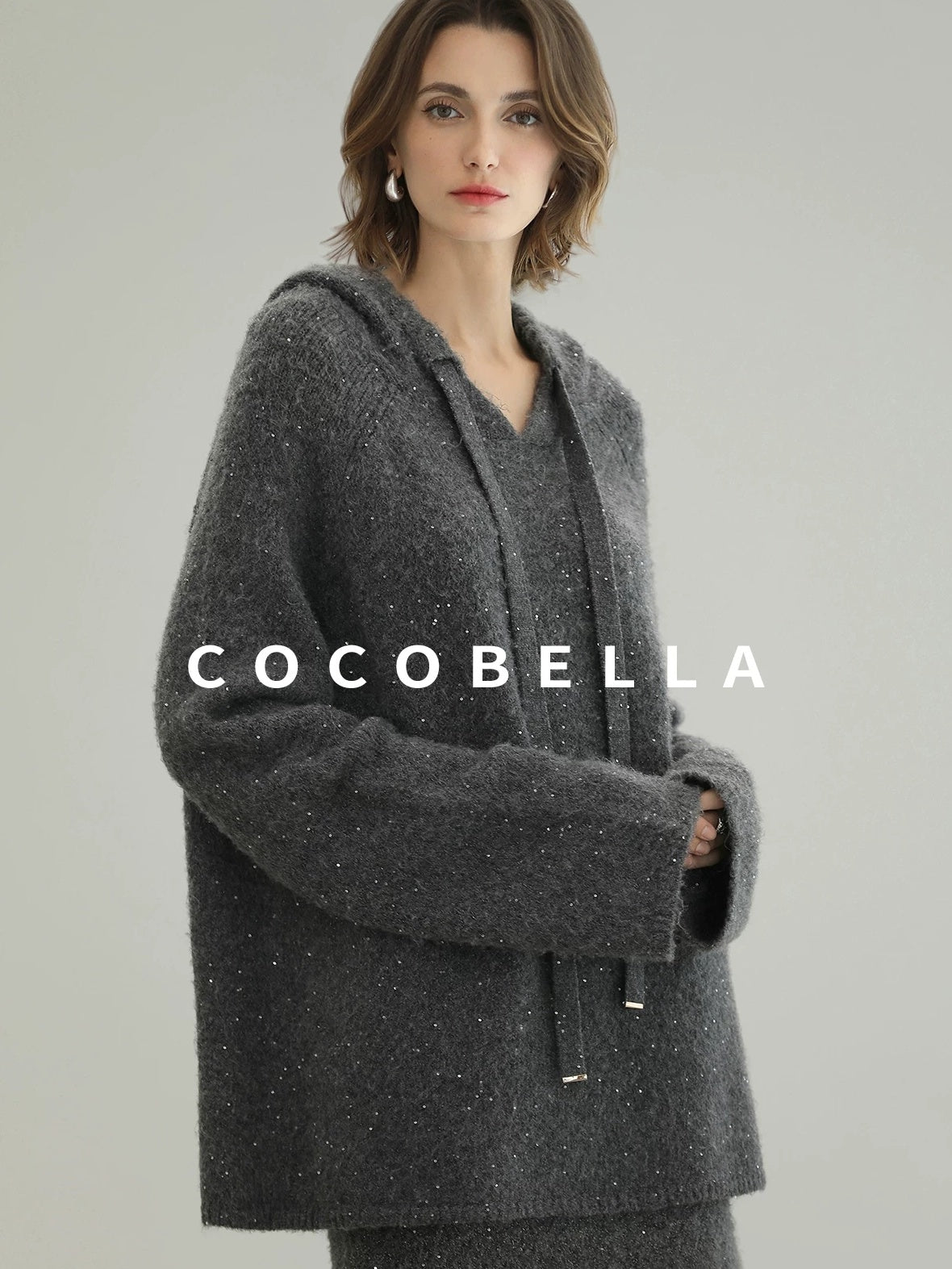 COCOBELLA Soft Sequined Lurex Hooded Pullover Commuter Knit Regular Fit Ladies Sweater