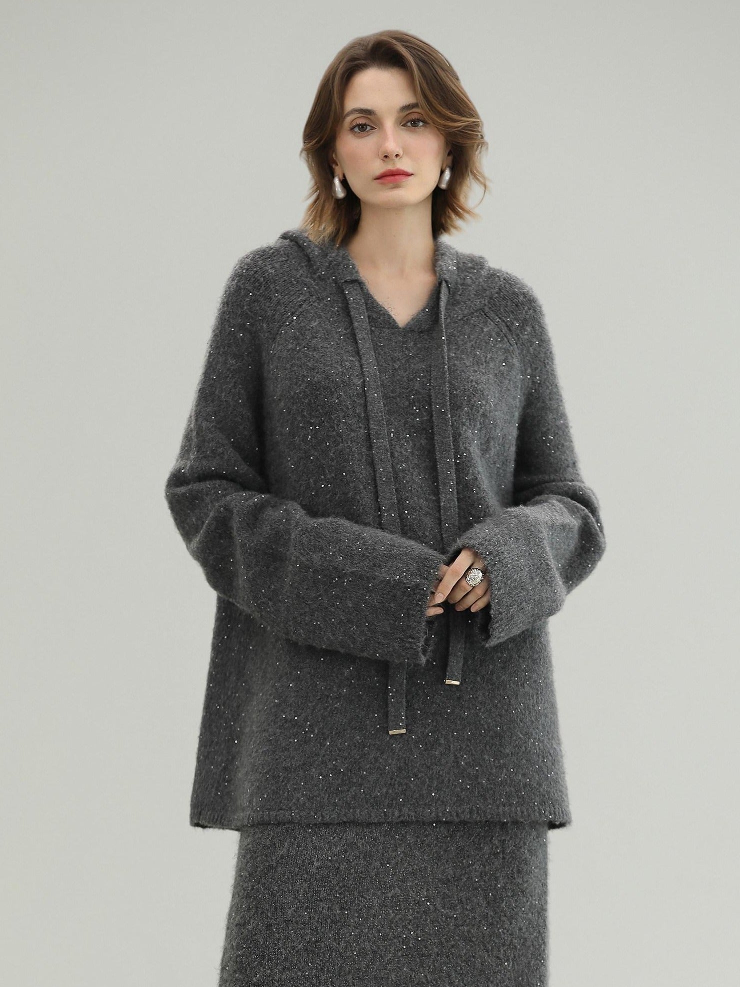 COCOBELLA Soft Sequined Lurex Hooded Pullover Commuter Knit Regular Fit Ladies Sweater