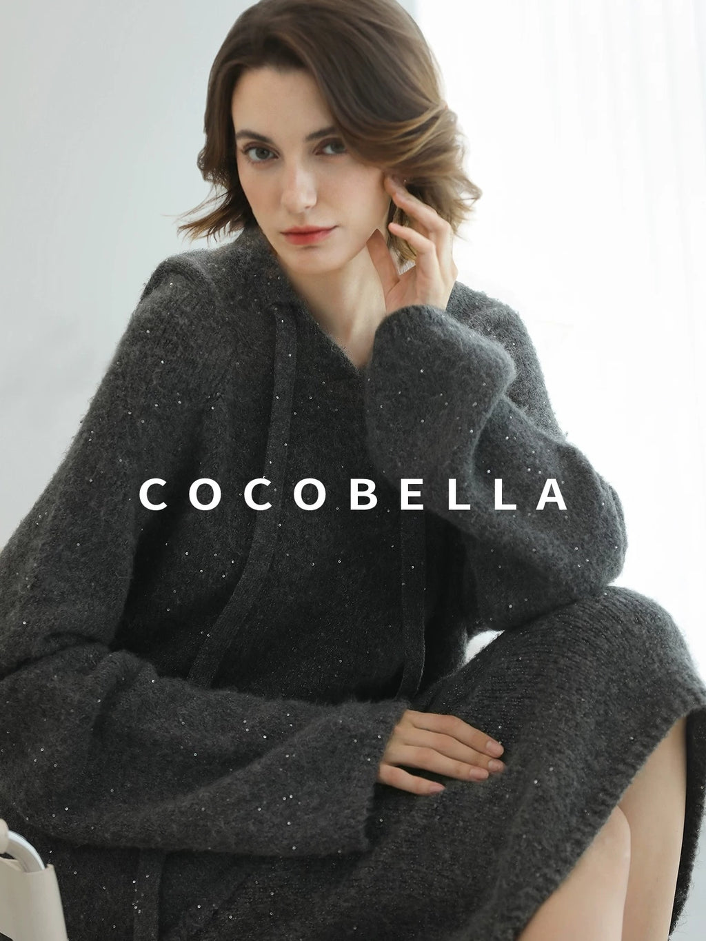 COCOBELLA Soft Sequined Lurex Hooded Pullover Commuter Knit Regular Fit Ladies Sweater