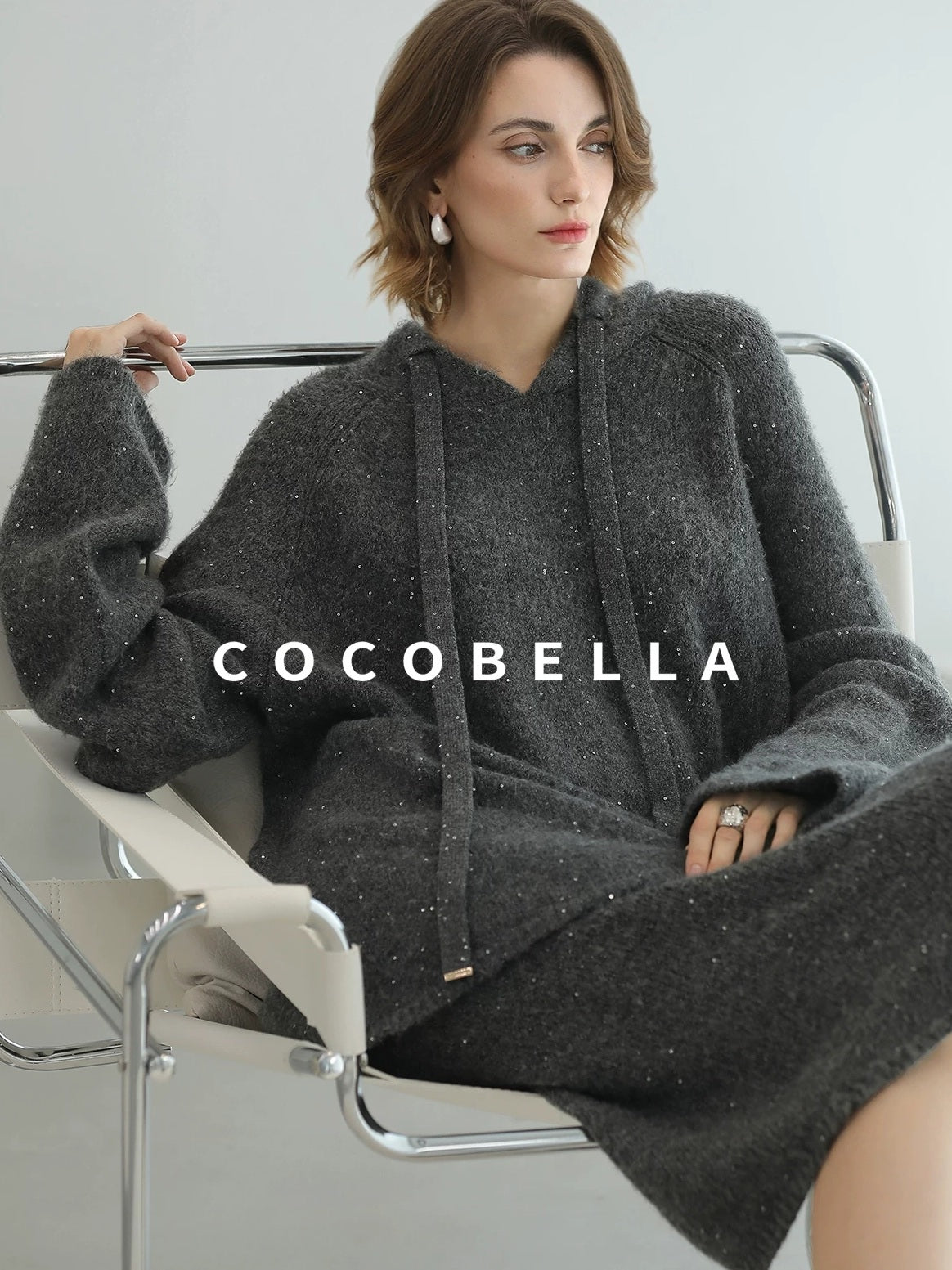 COCOBELLA Soft Sequined Lurex Hooded Pullover Commuter Knit Regular Fit Ladies Sweater