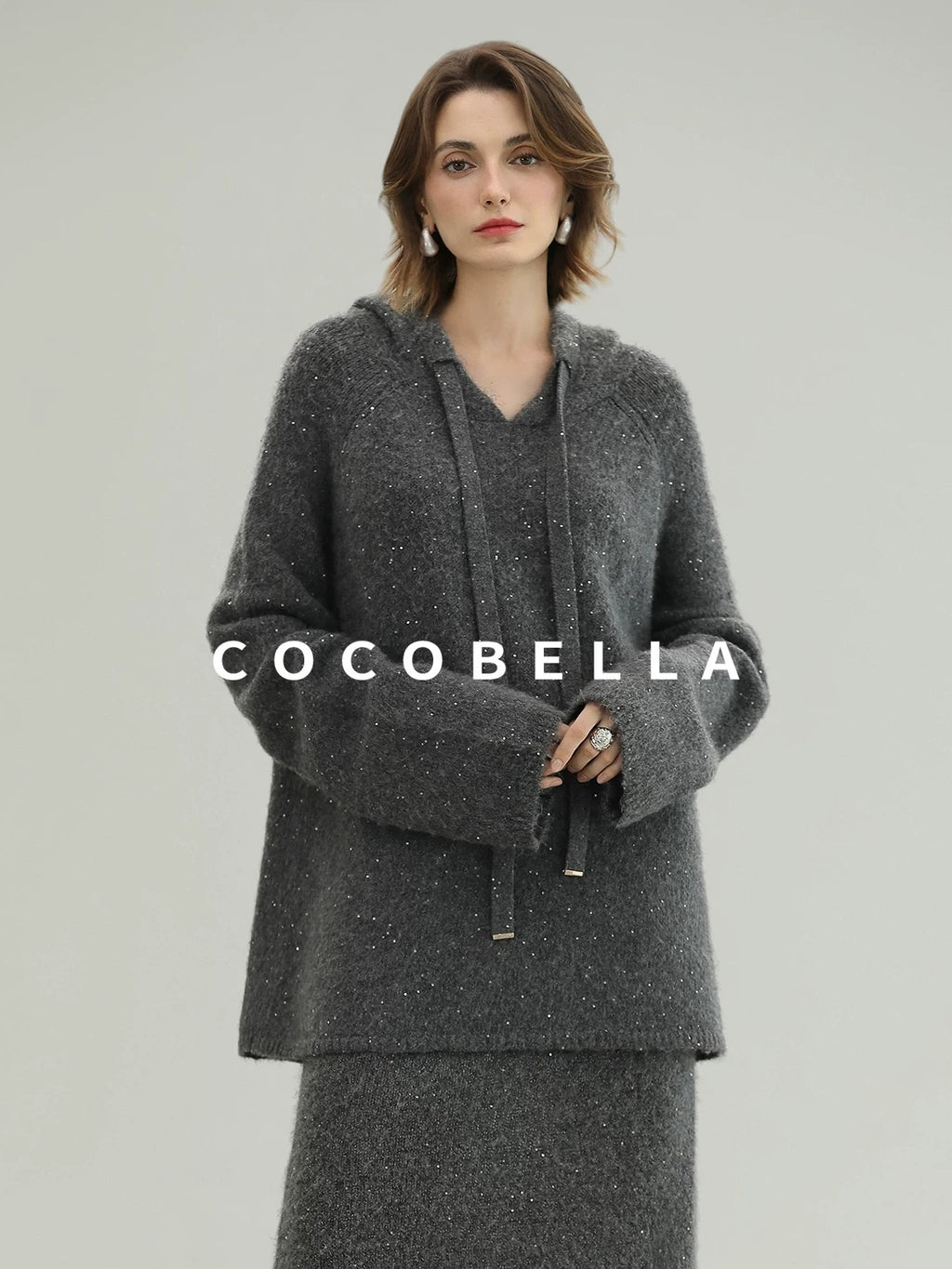 COCOBELLA Soft Sequined Lurex Hooded Pullover Commuter Knit Regular Fit Ladies Sweater