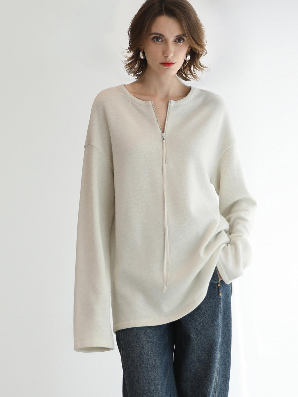 COCOBELLA Soft Shimmer Loose Dropped Shoulder Crew Neck Viscose Blend Knit Sweater