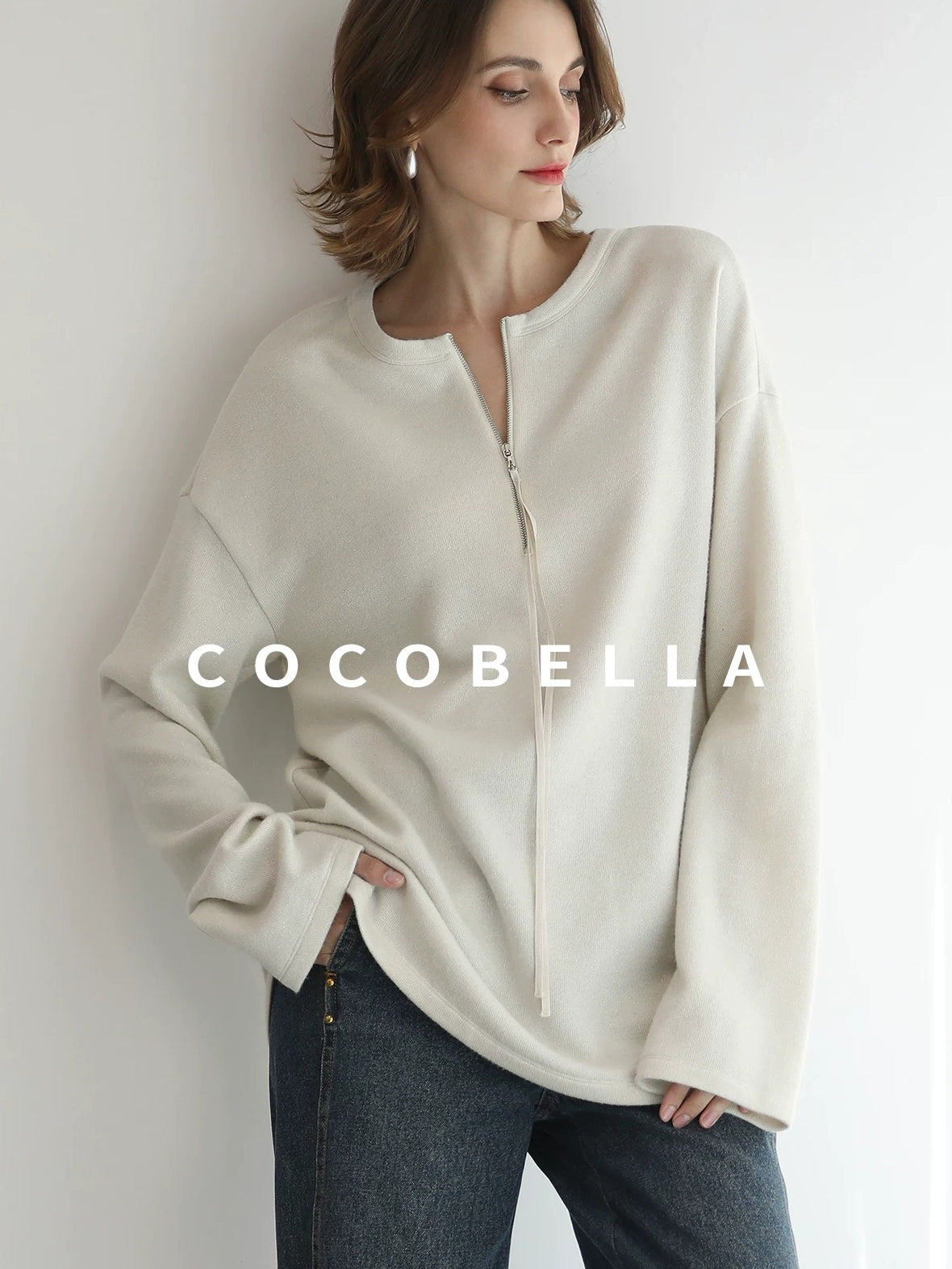 COCOBELLA Soft Shimmer Loose Dropped Shoulder Crew Neck Viscose Blend Knit Sweater