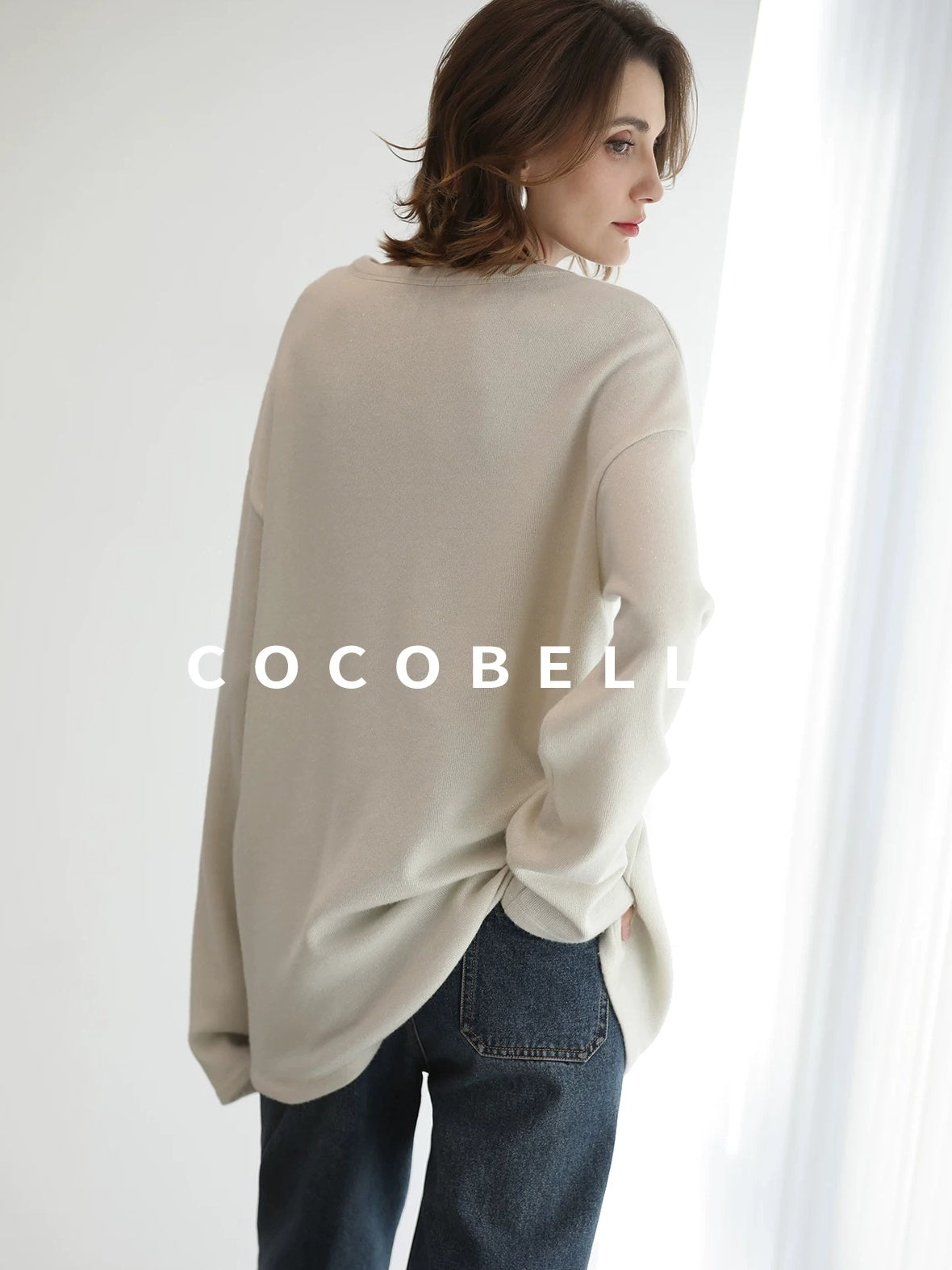 COCOBELLA Soft Shimmer Loose Dropped Shoulder Crew Neck Viscose Blend Knit Sweater