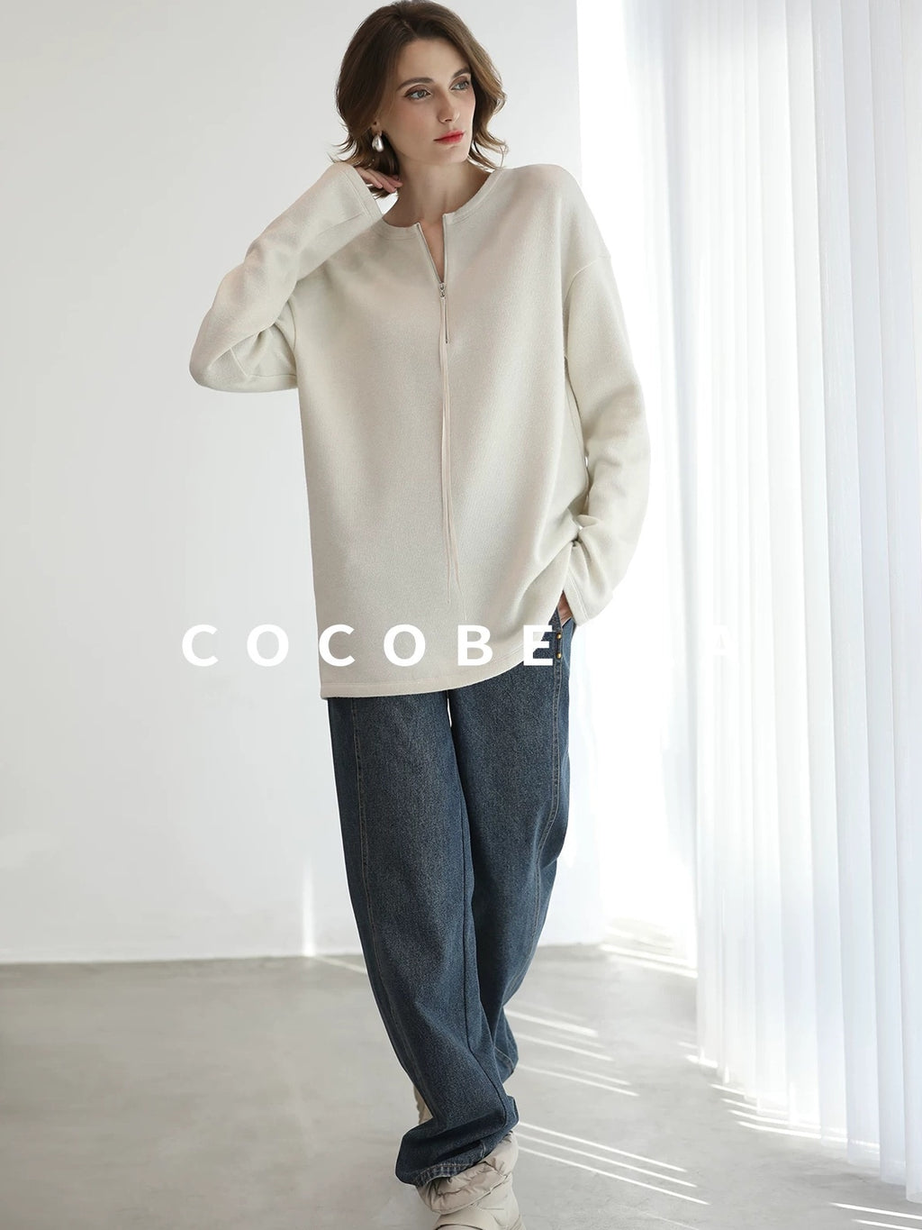 COCOBELLA Soft Shimmer Loose Dropped Shoulder Crew Neck Viscose Blend Knit Sweater