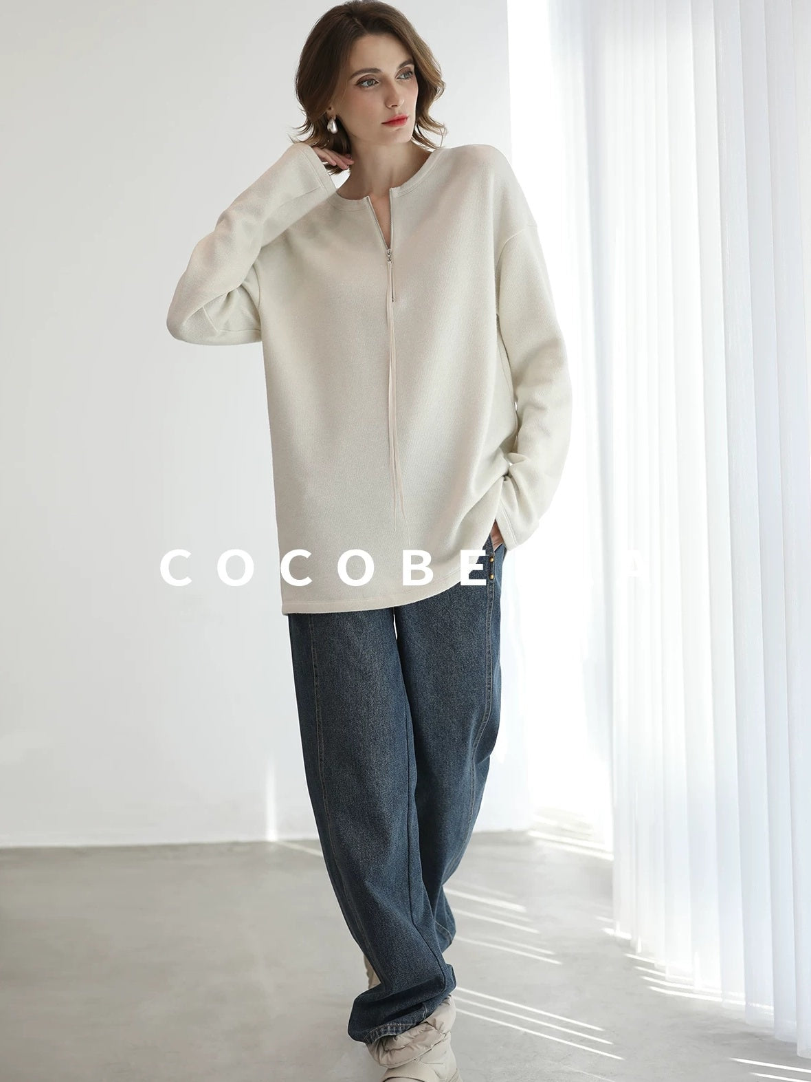 COCOBELLA Soft Shimmer Loose Dropped Shoulder Crew Neck Viscose Blend Knit Sweater