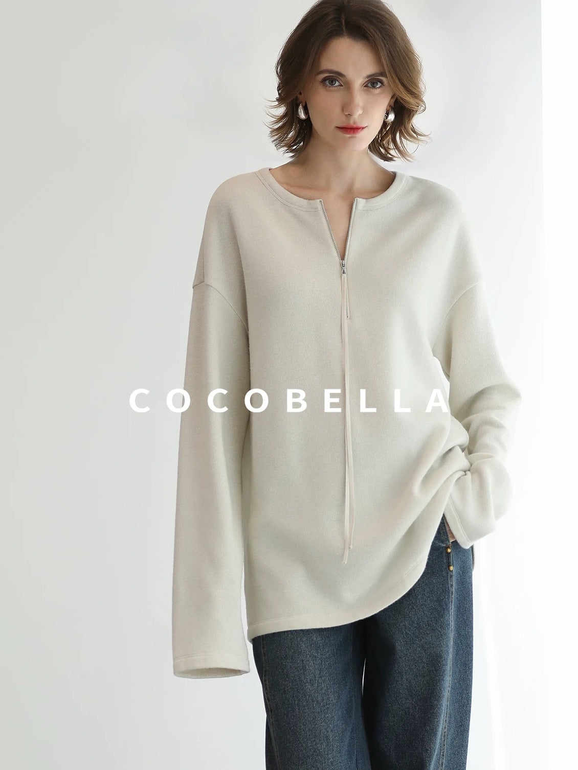 COCOBELLA Soft Shimmer Loose Dropped Shoulder Crew Neck Viscose Blend Knit Sweater