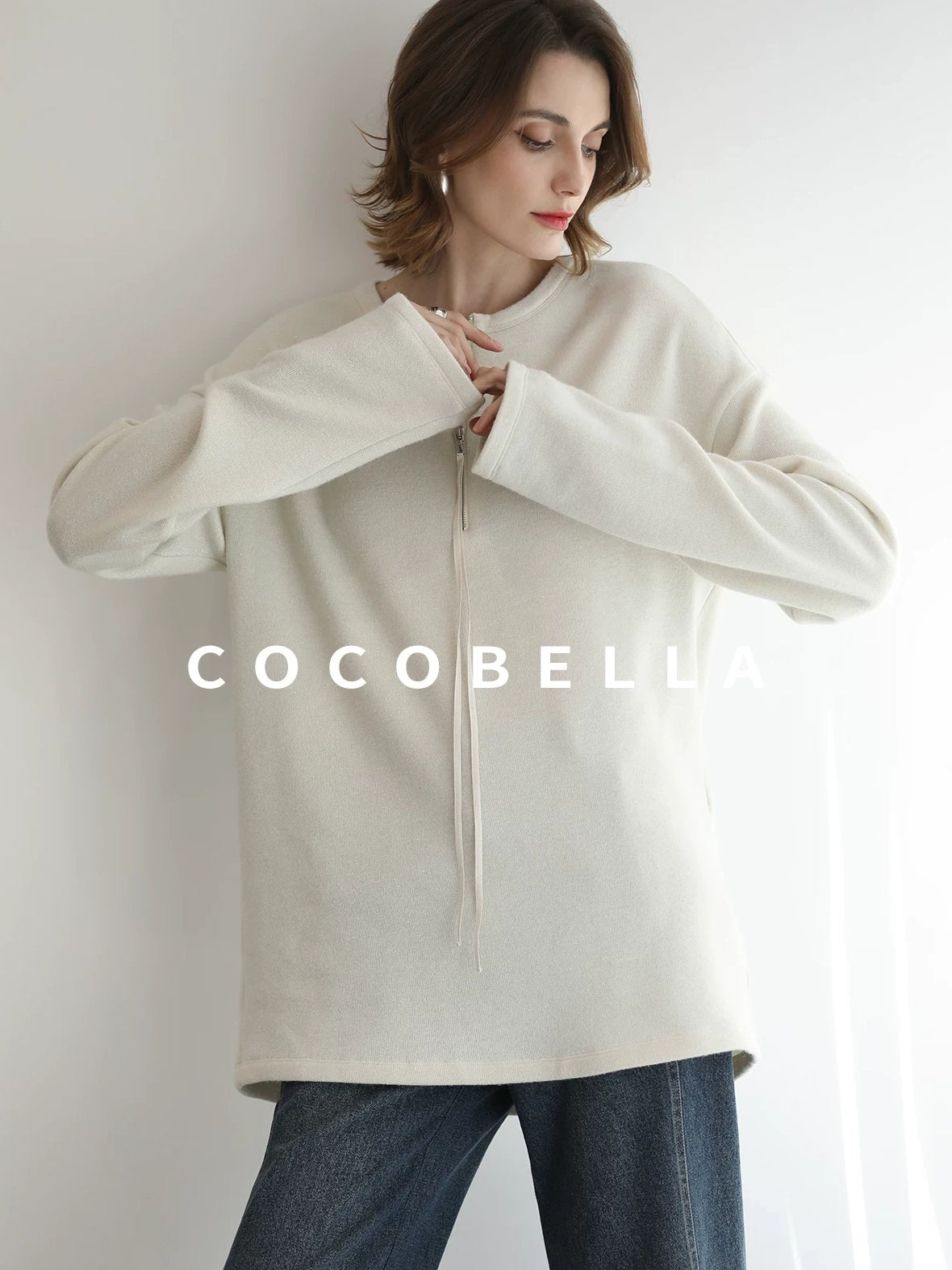 COCOBELLA Soft Shimmer Loose Dropped Shoulder Crew Neck Viscose Blend Knit Sweater