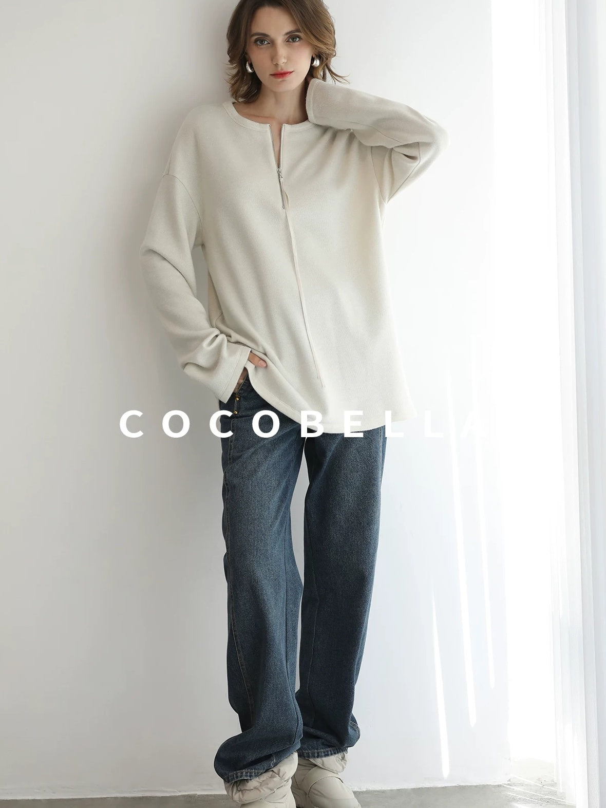 COCOBELLA Soft Shimmer Loose Dropped Shoulder Crew Neck Viscose Blend Knit Sweater