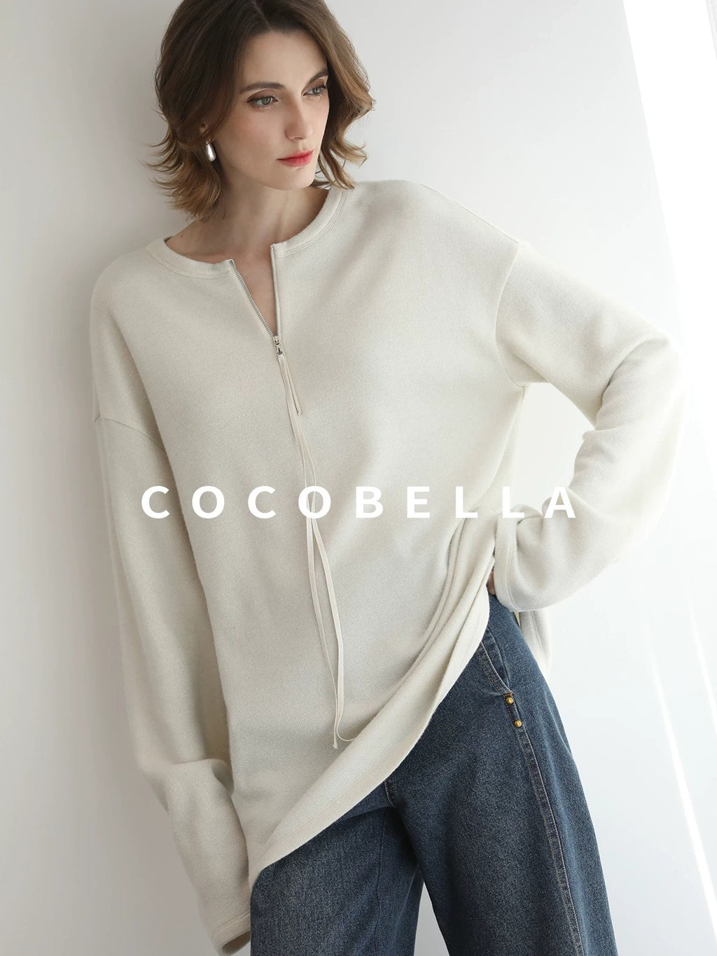 COCOBELLA Soft Shimmer Loose Dropped Shoulder Crew Neck Viscose Blend Knit Sweater