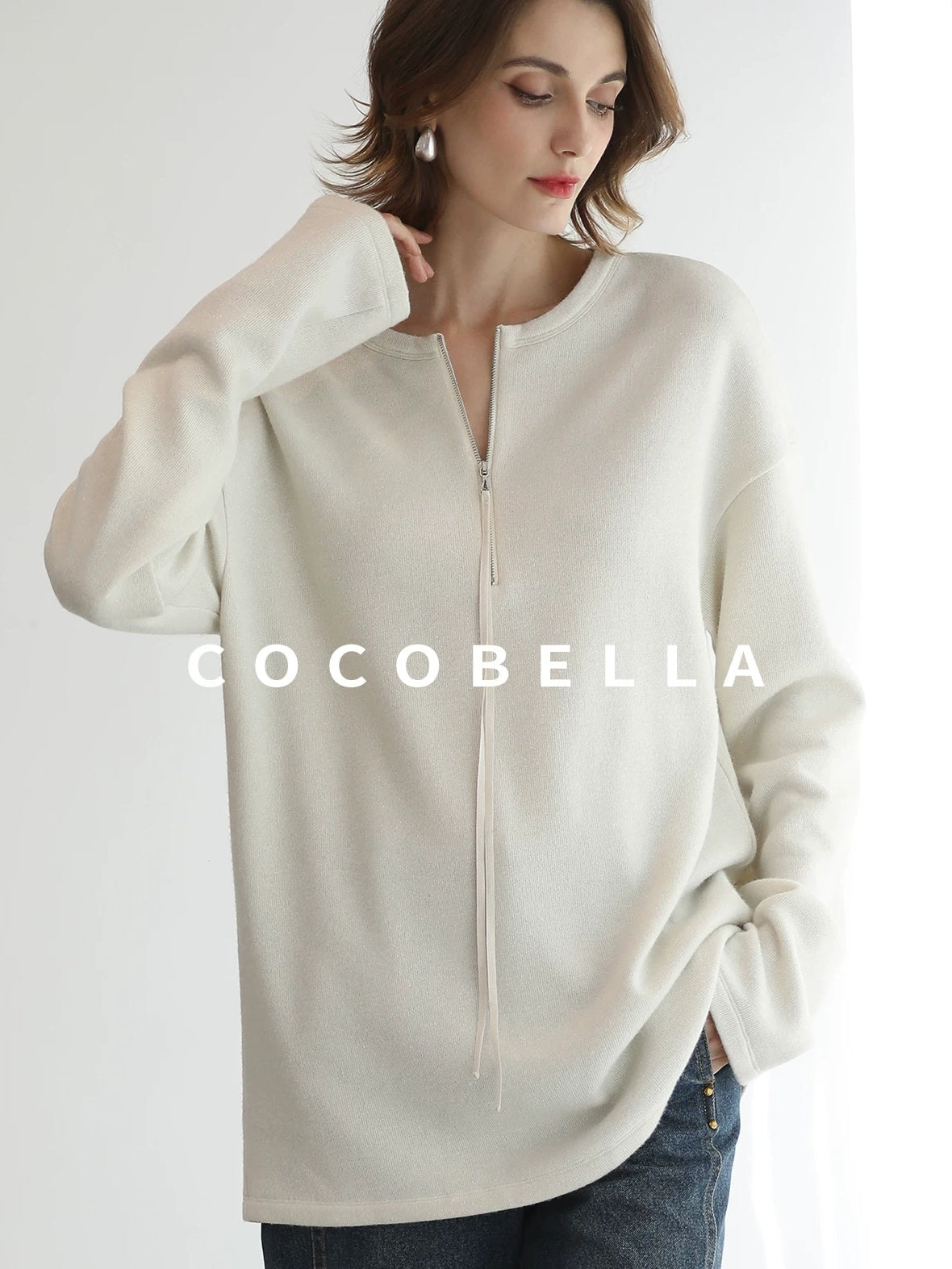 COCOBELLA Soft Shimmer Loose Dropped Shoulder Crew Neck Viscose Blend Knit Sweater