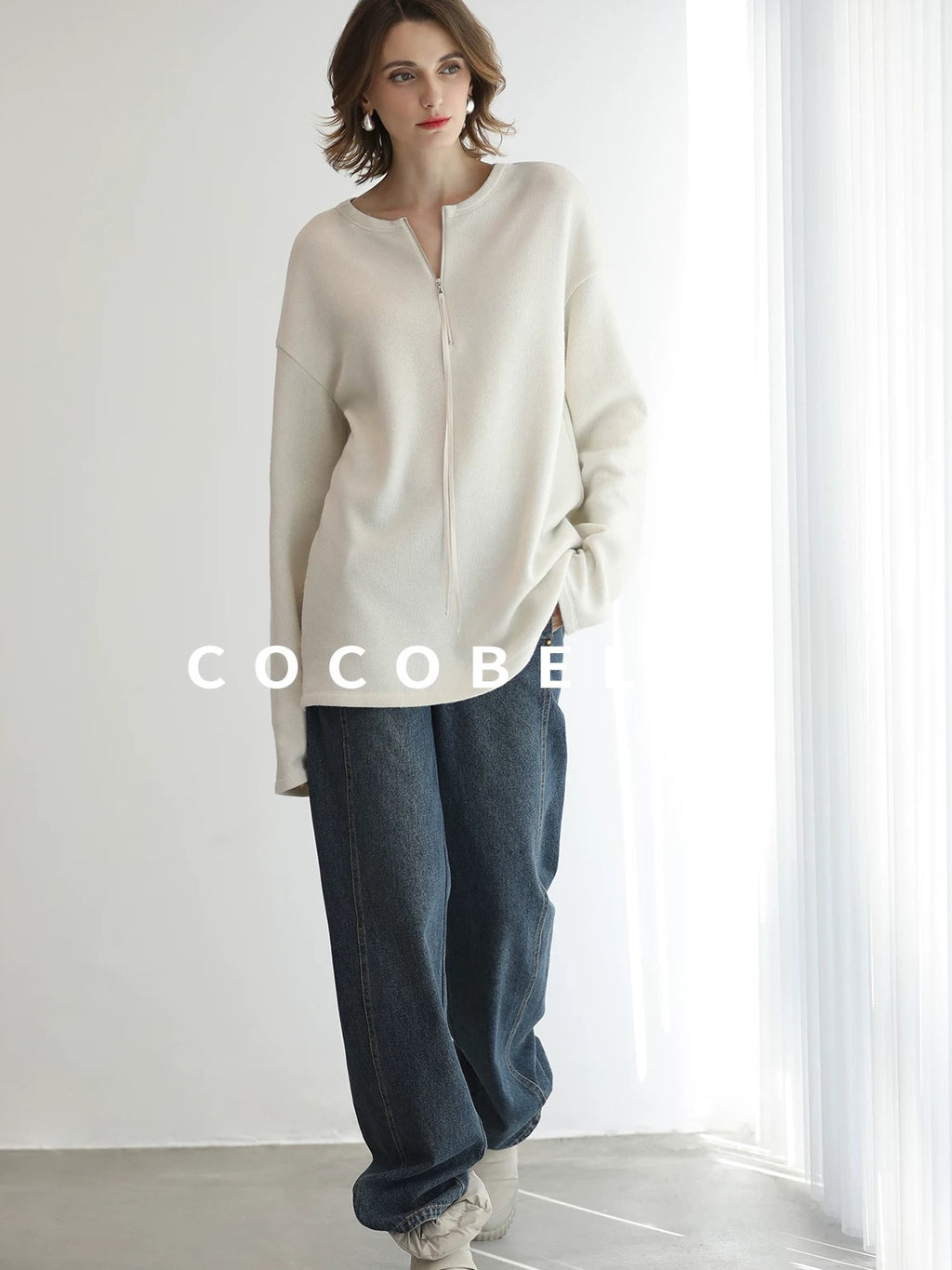 COCOBELLA Soft Shimmer Loose Dropped Shoulder Crew Neck Viscose Blend Knit Sweater