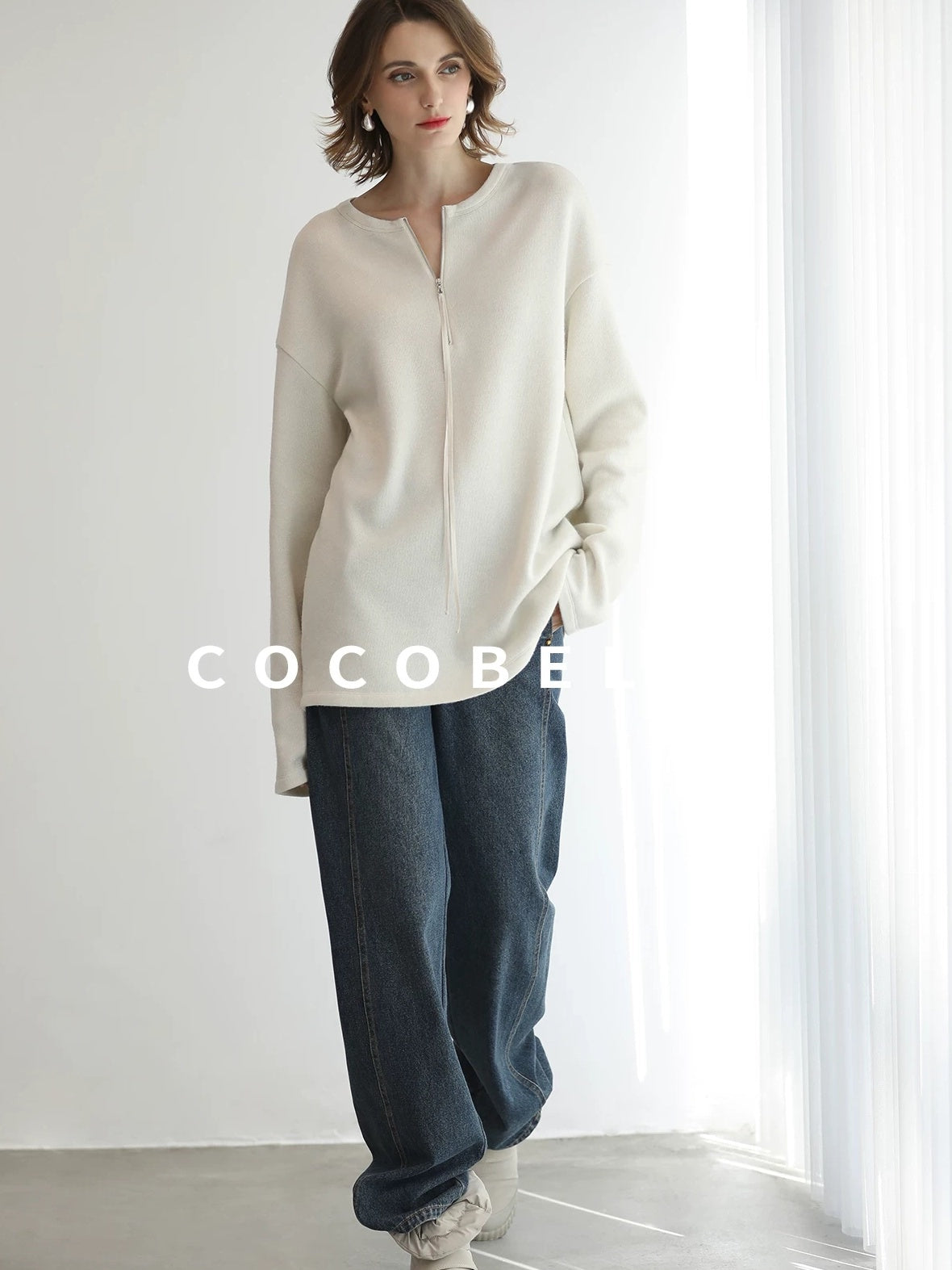 COCOBELLA Soft Shimmer Loose Dropped Shoulder Crew Neck Viscose Blend Knit Sweater