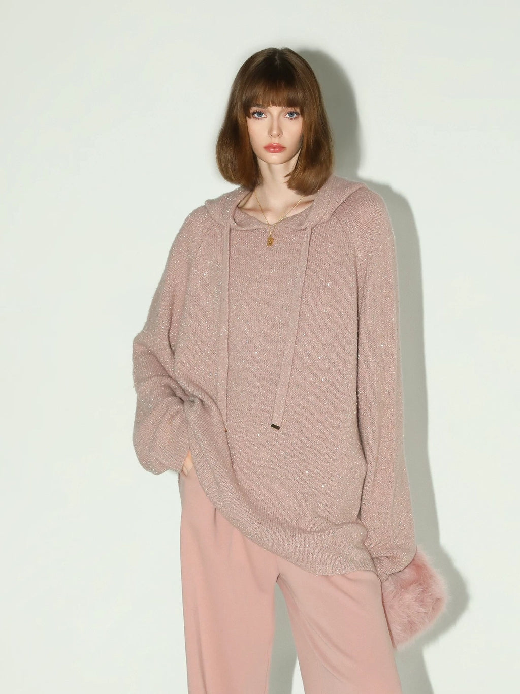 COCOBELLA Soft Shimmer Sequin Hooded Loose Fit Sweet Womens Cozy Pullover Sweater